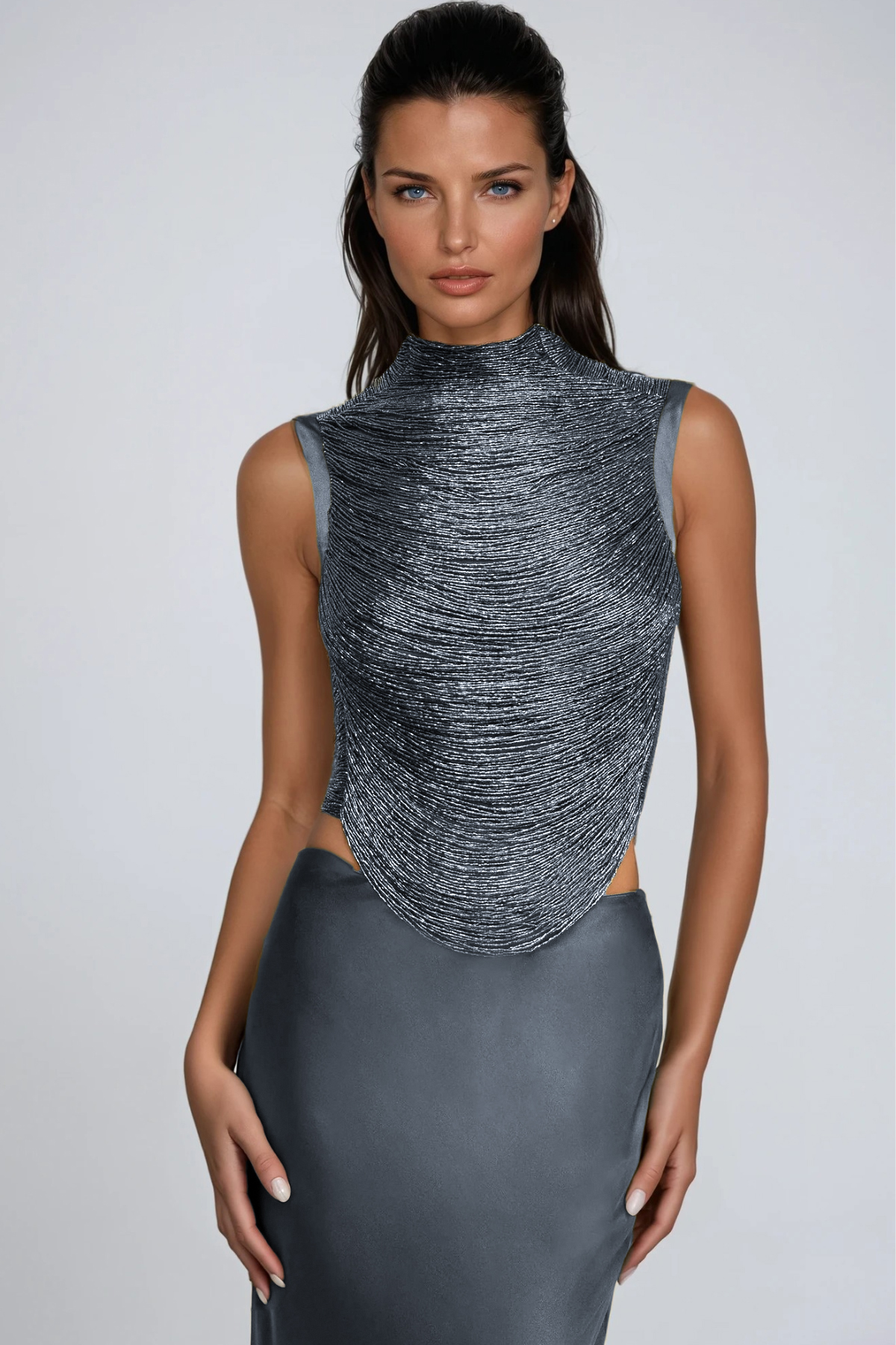 Fedde Fringe Satin Skirt Set In Grey
