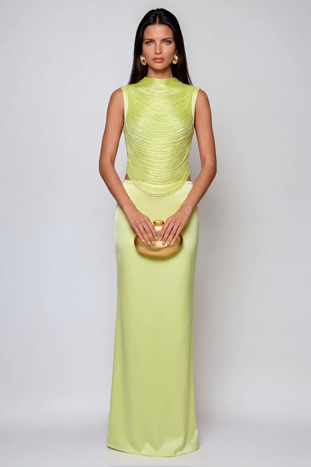 Fedde Fringe Satin Skirt Set In Lemon