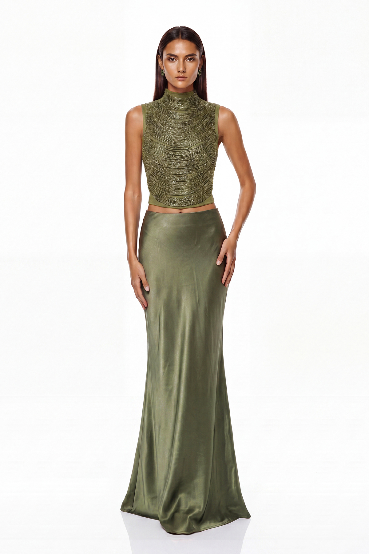 Fedde Fringe Satin Skirt Set In Olive