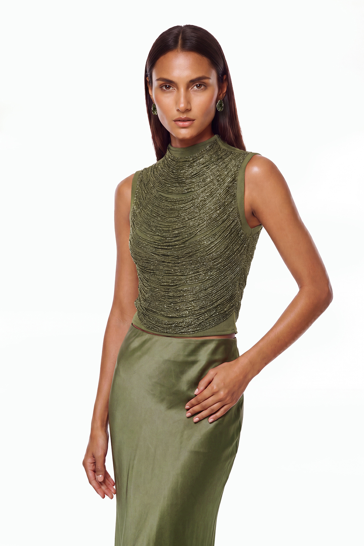 Fedde Fringe Satin Skirt Set In Olive