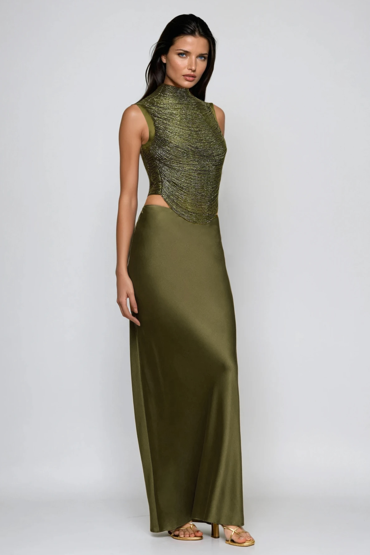Fedde Fringe Satin Skirt Set In Olive