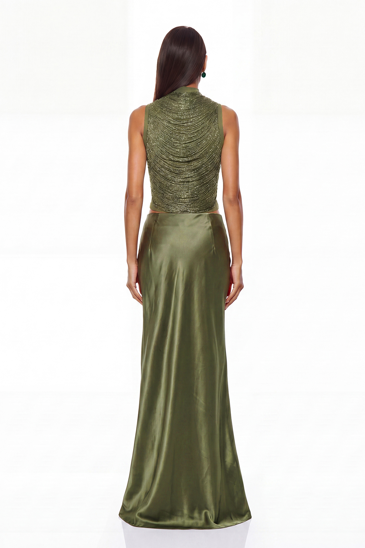 Fedde Fringe Satin Skirt Set In Olive