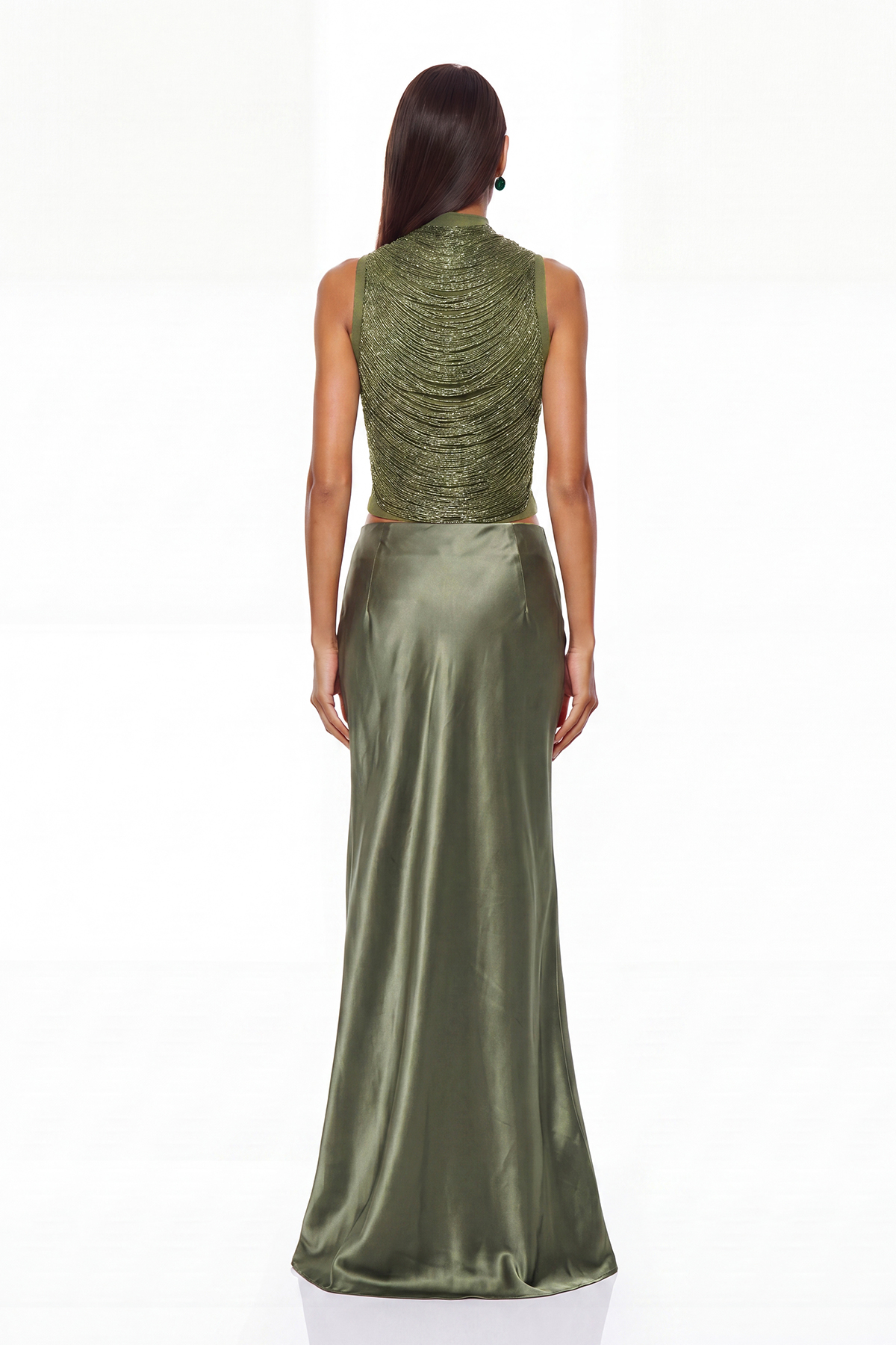 Fedde Fringe Satin Skirt Set In Olive