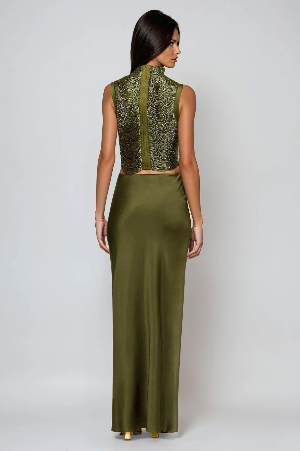 Fedde Fringe Satin Skirt Set In Olive