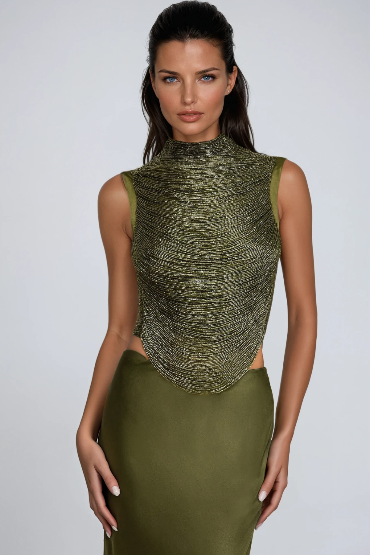 Fedde Fringe Satin Skirt Set In Olive