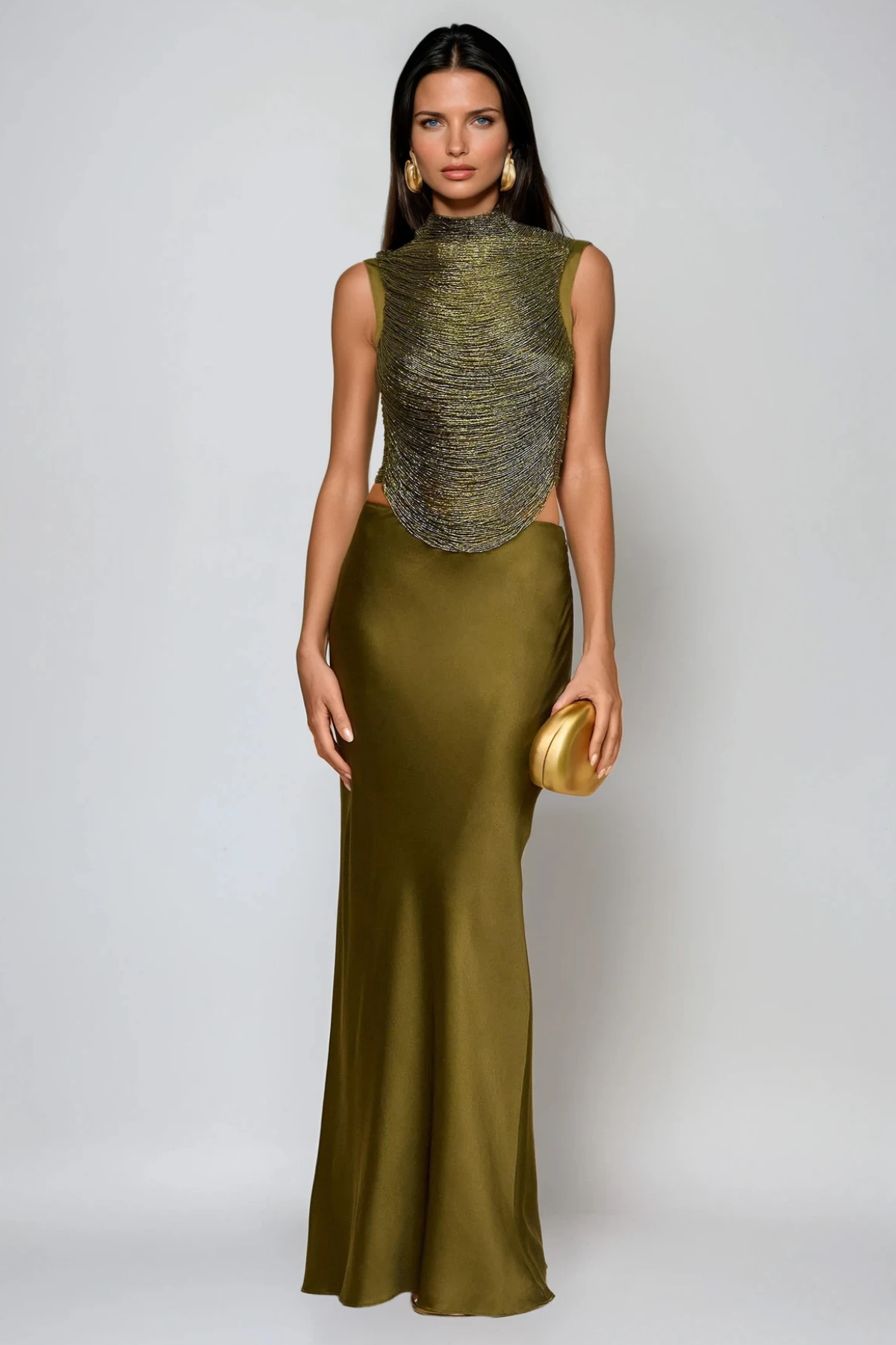 Fedde Fringe Satin Skirt Set In Olive