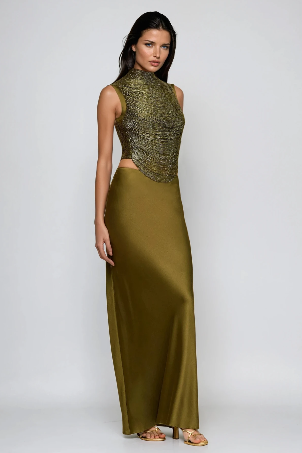 Fedde Fringe Satin Skirt Set In Olive