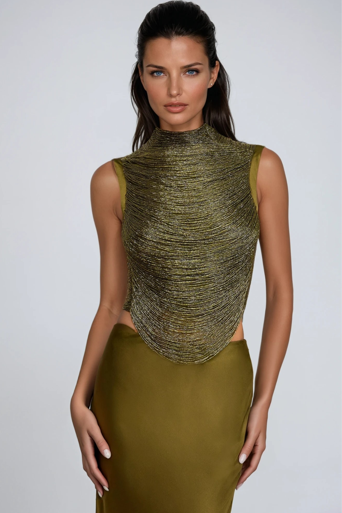 Fedde Fringe Satin Skirt Set In Olive