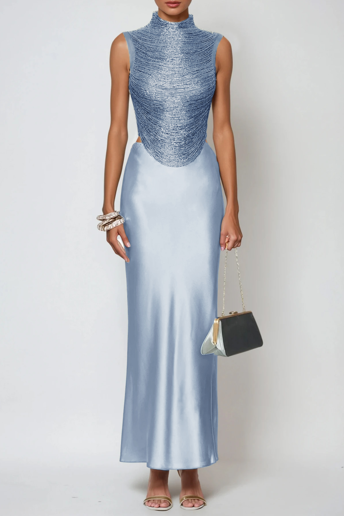 Fedde Fringe Satin Skirt Set In Sky Blue