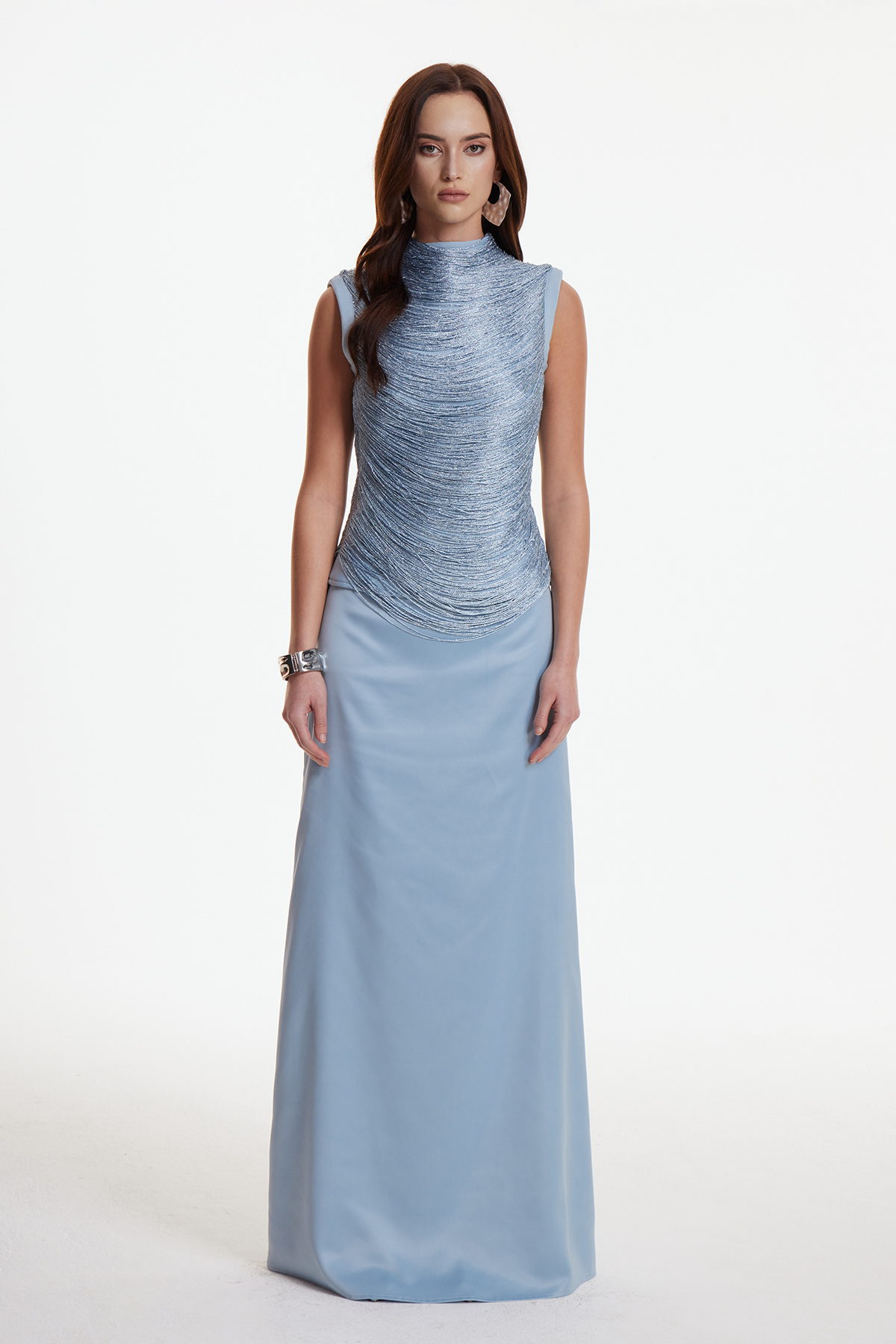 Fedde Fringe Satin Skirt Set In Sky Blue