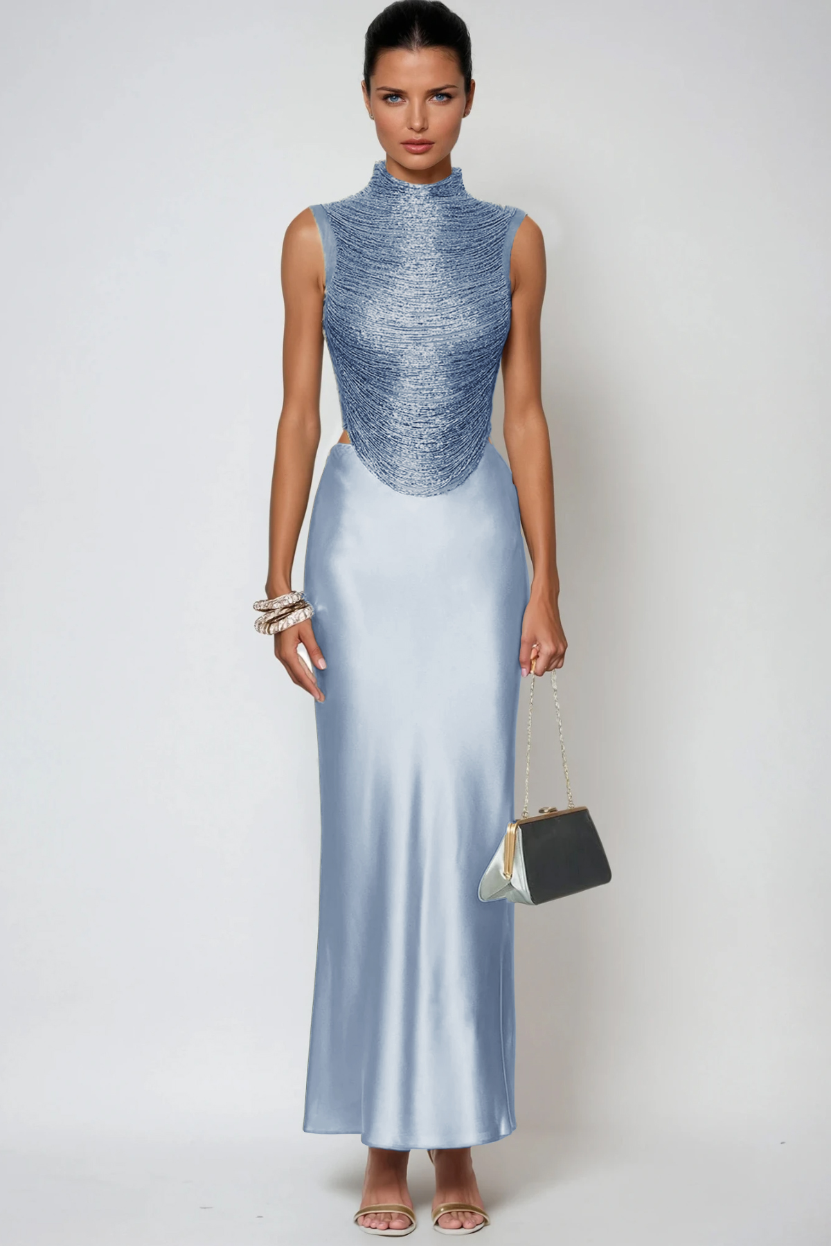 Fedde Fringe Satin Skirt Set In Sky Blue