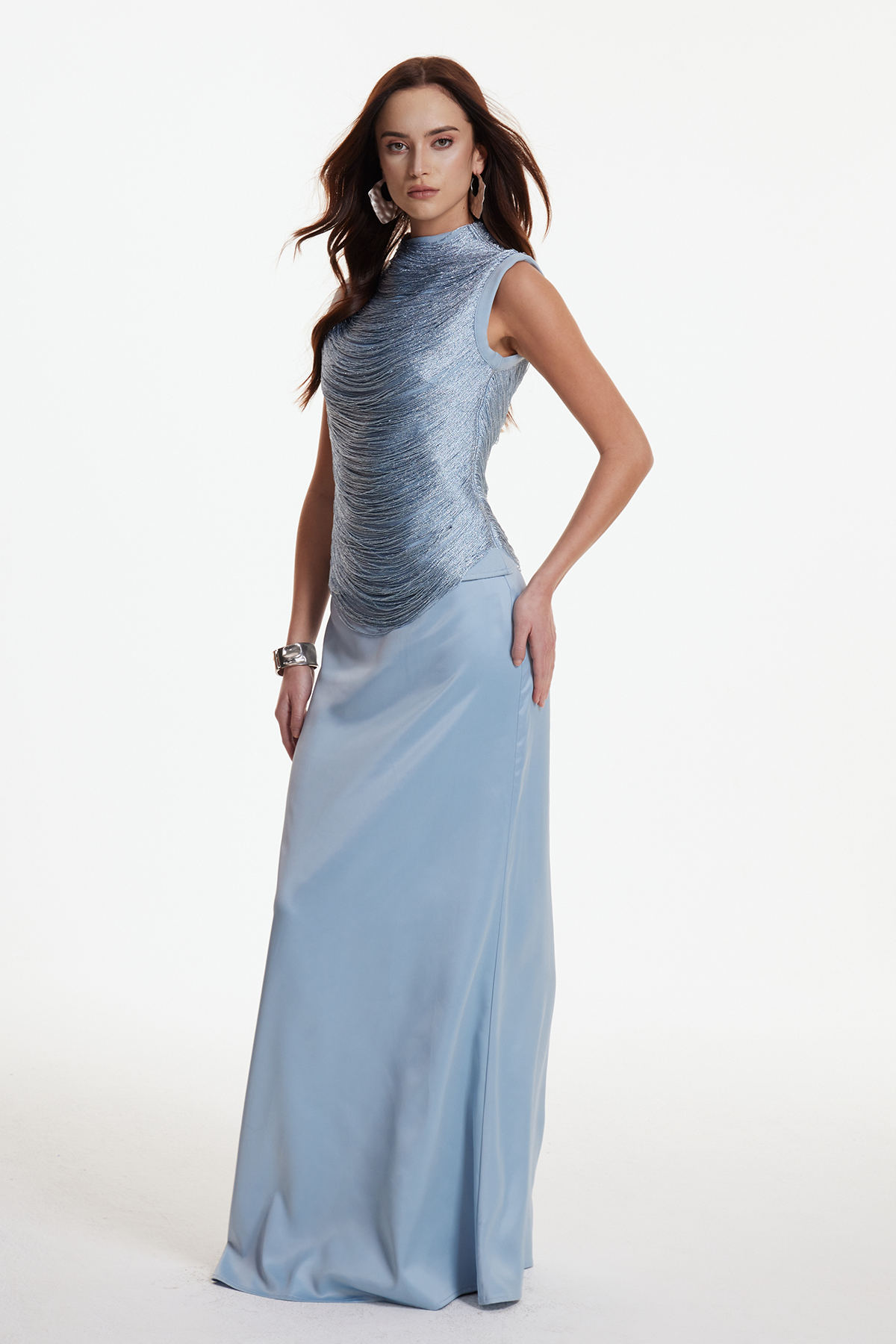 Fedde Fringe Satin Skirt Set In Sky Blue