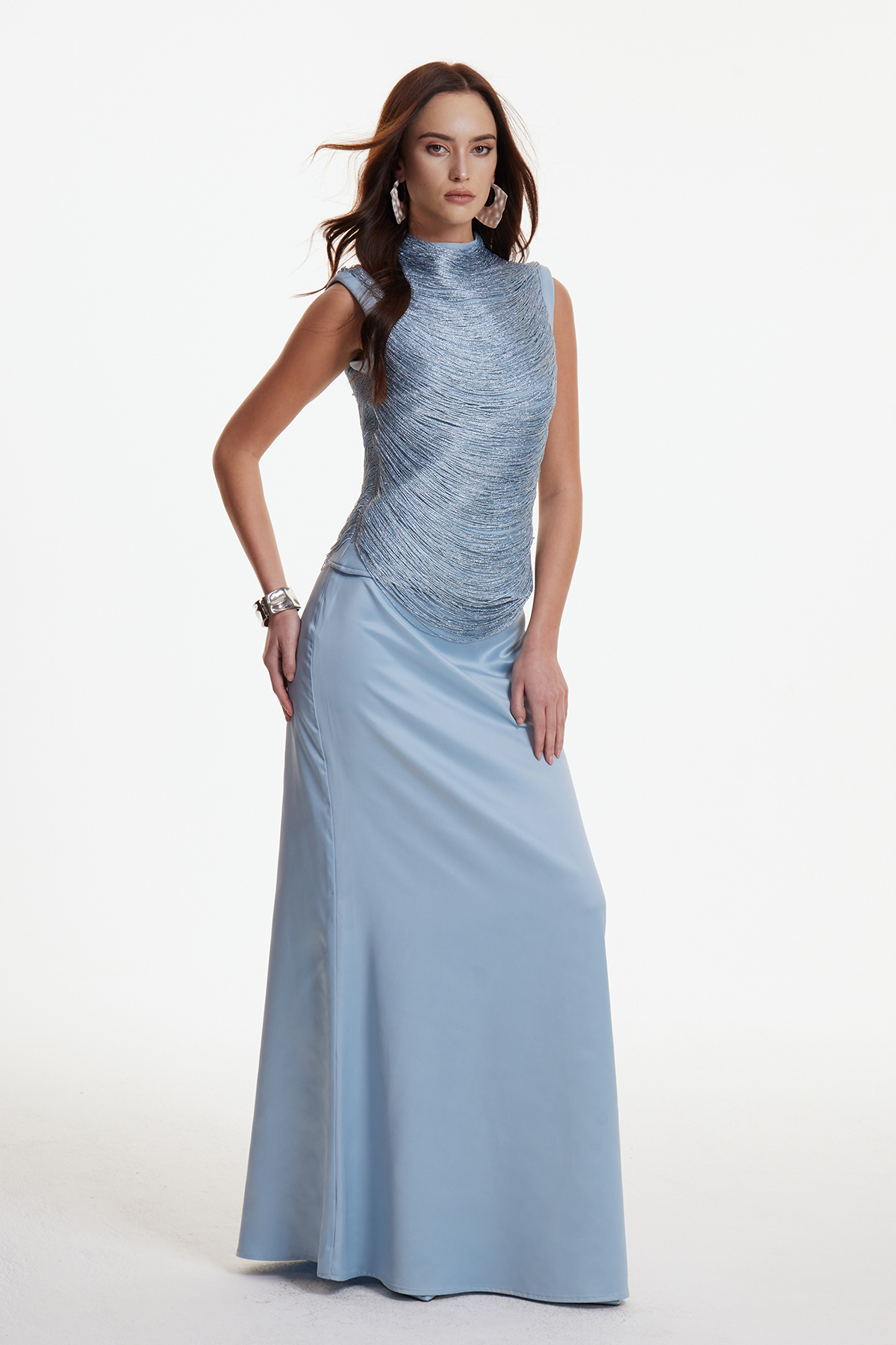 Fedde Fringe Satin Skirt Set In Sky Blue