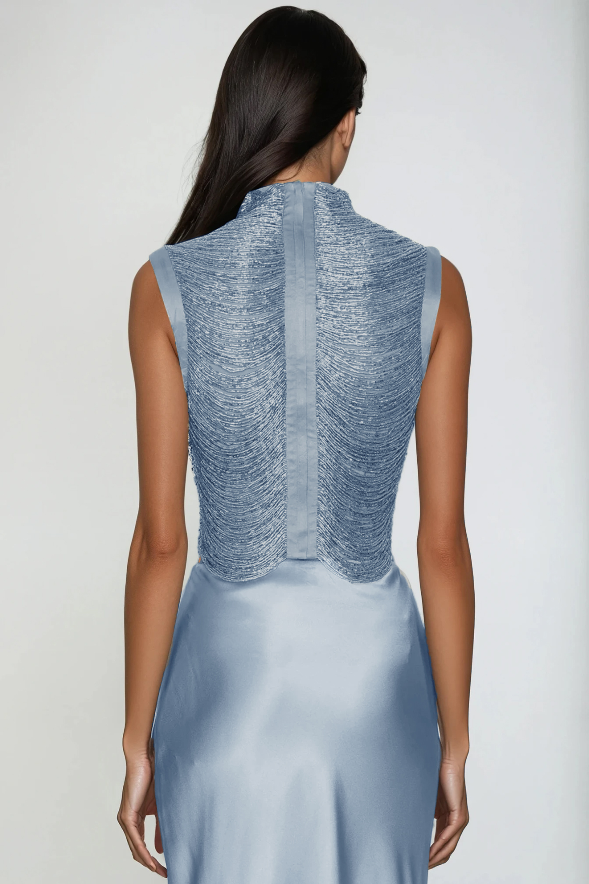 Fedde Fringe Satin Skirt Set In Sky Blue