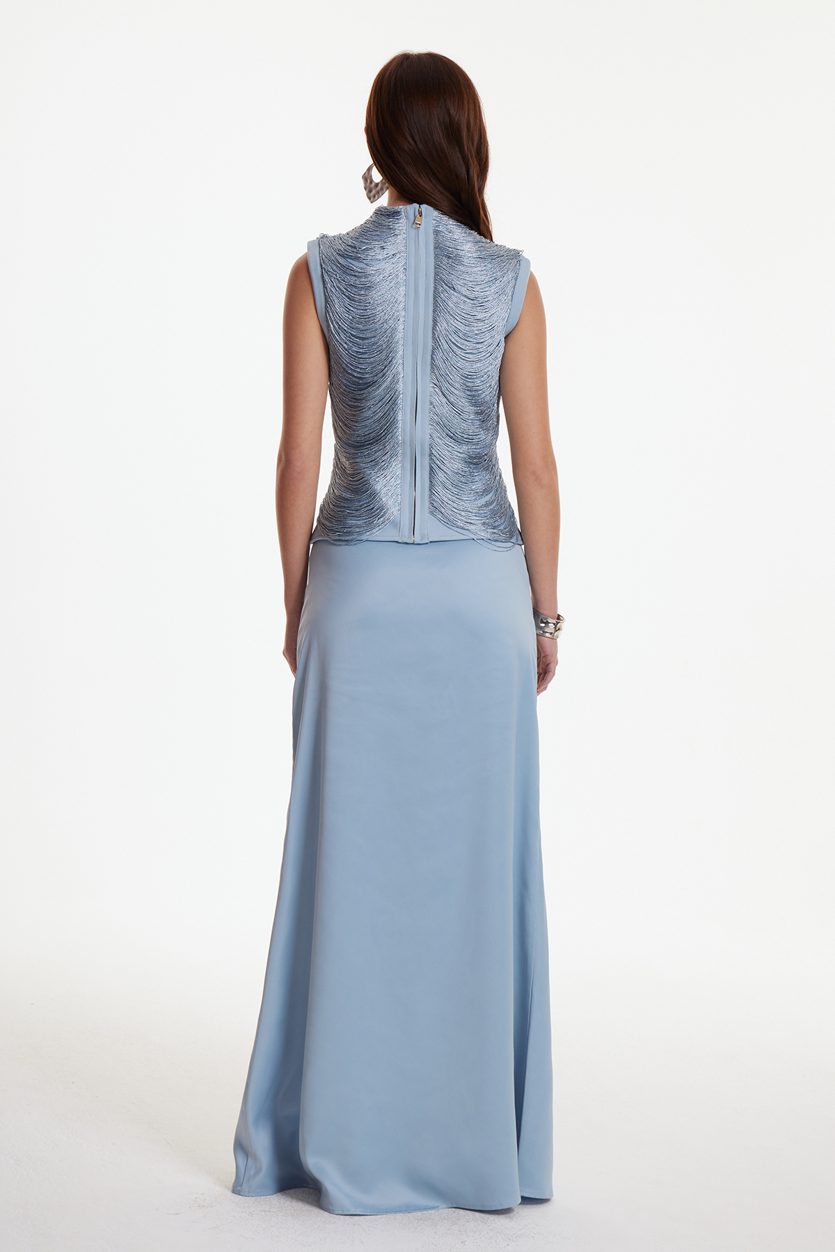 Fedde Fringe Satin Skirt Set In Sky Blue