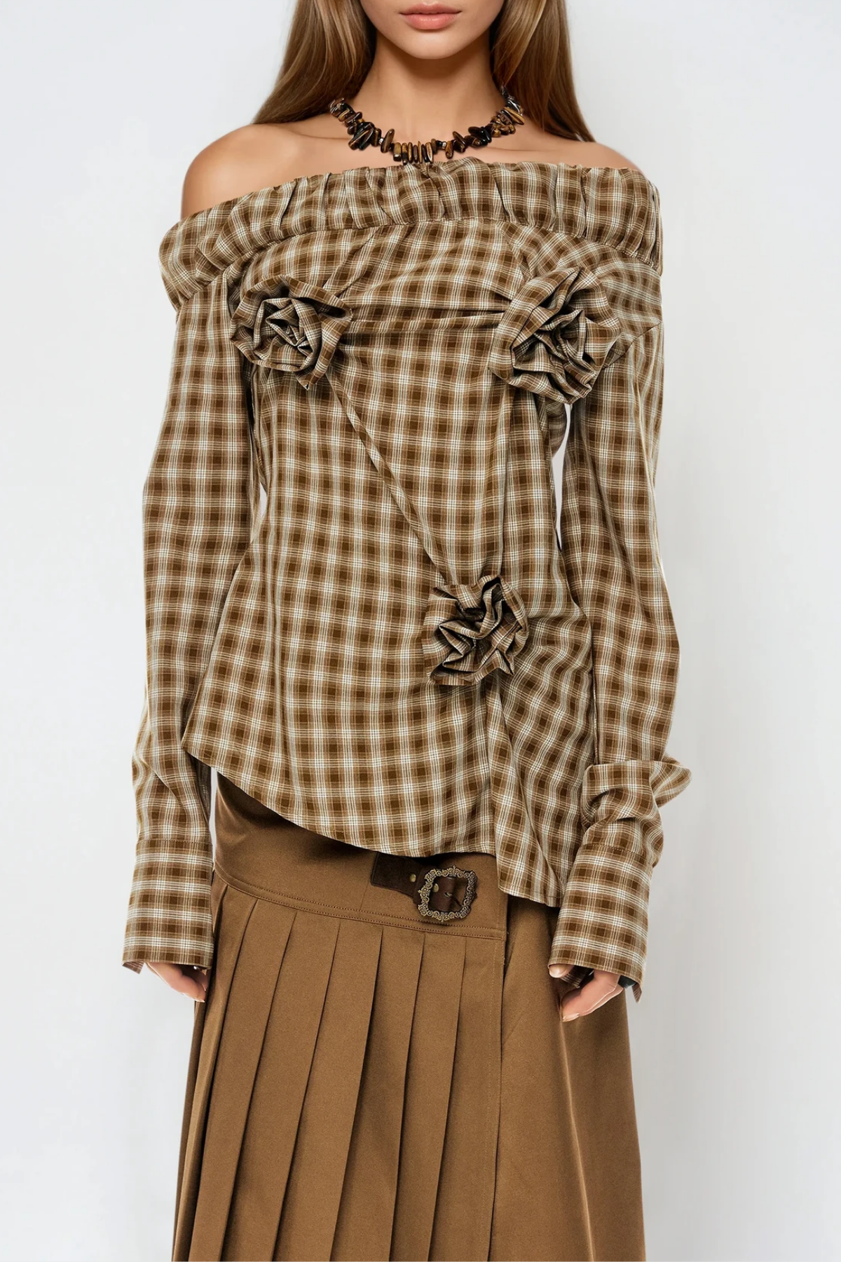 Feivush Off Shoulder Flower Grid Top