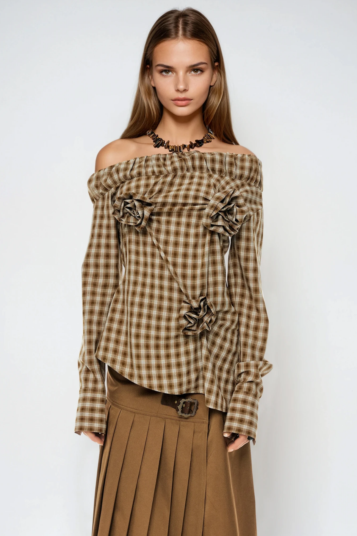 Feivush Off Shoulder Flower Grid Top