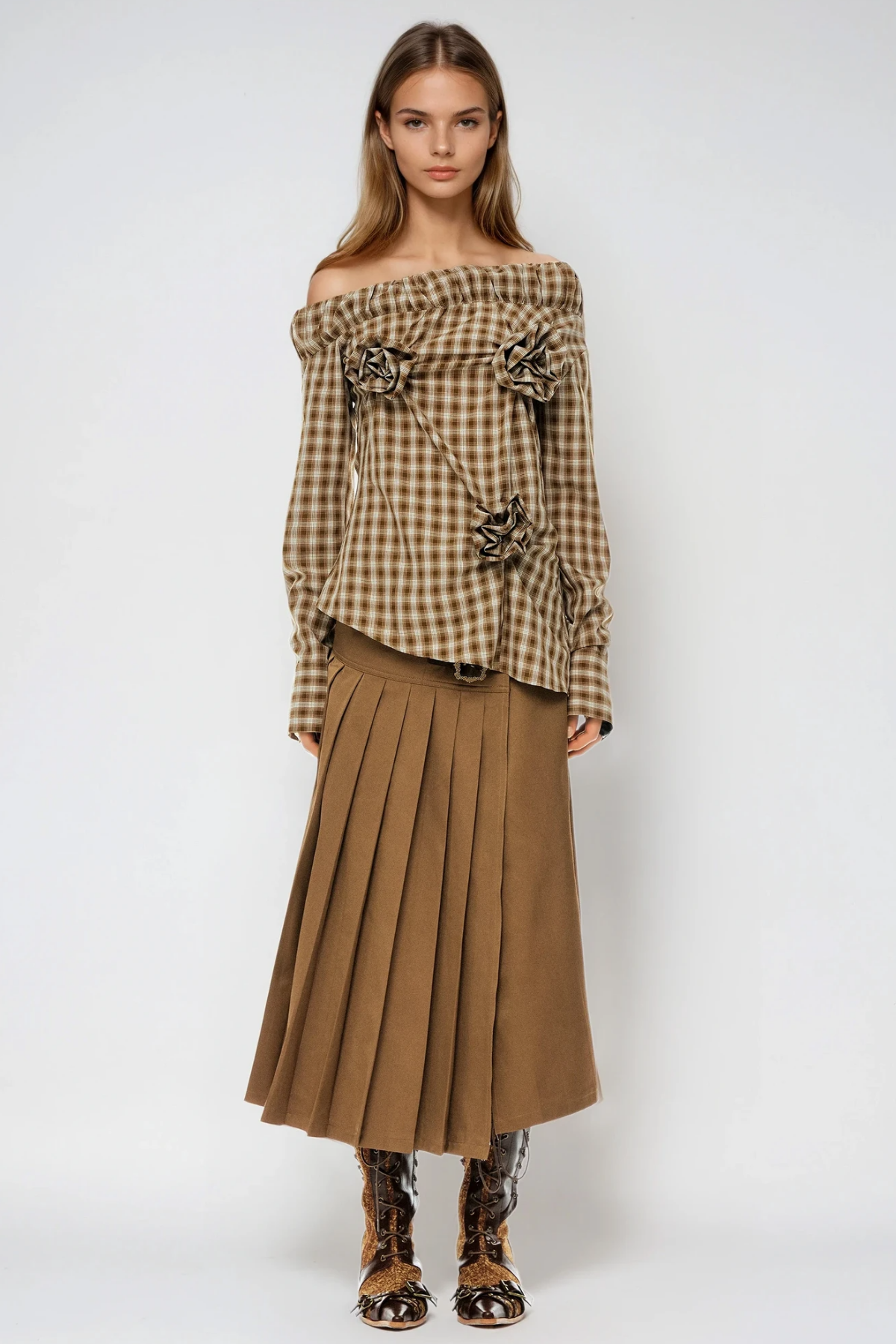 Feivush Off Shoulder Flower Grid Top