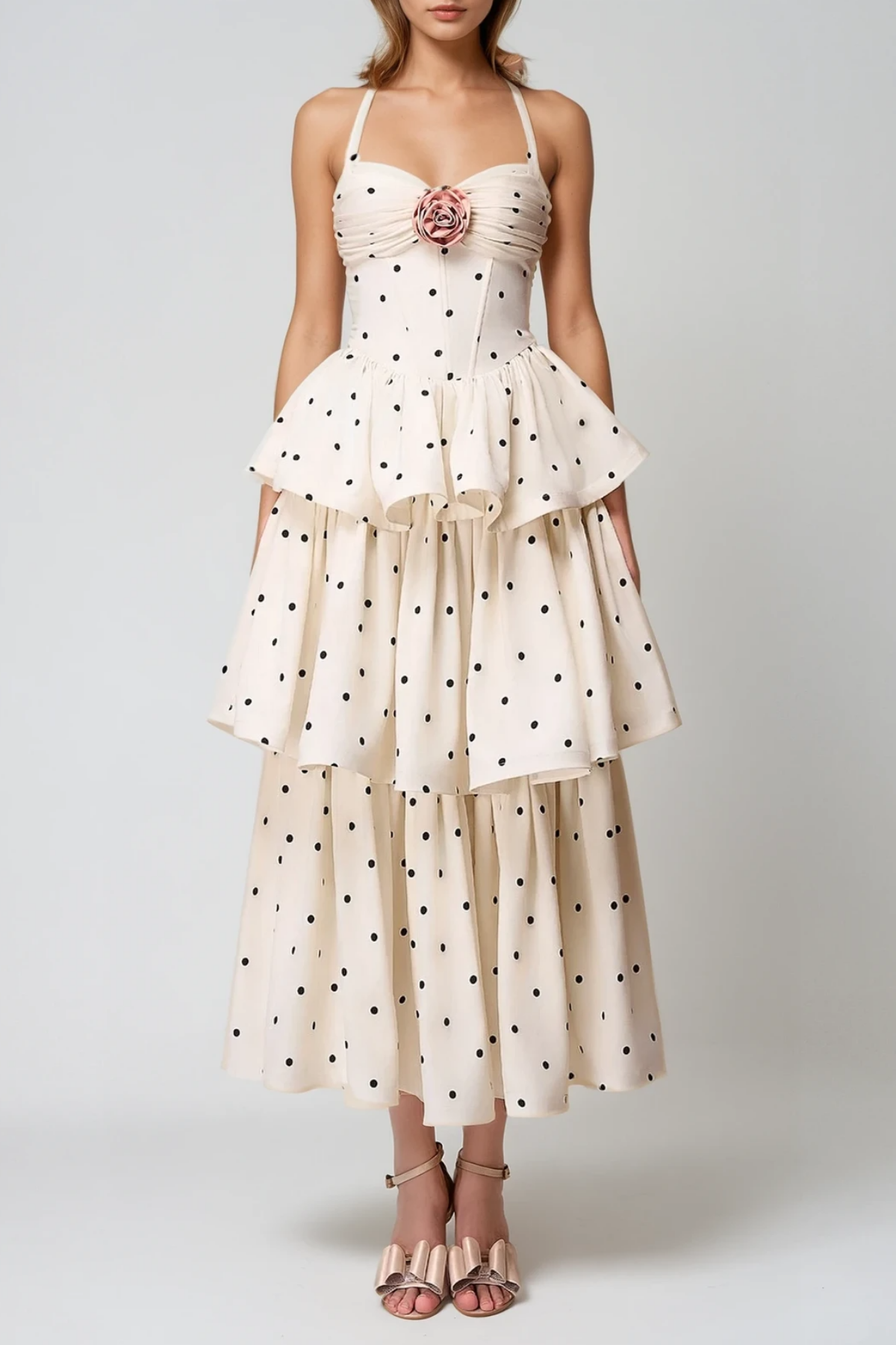 Felician Halter Neck Dot Tiered Maxi Dress