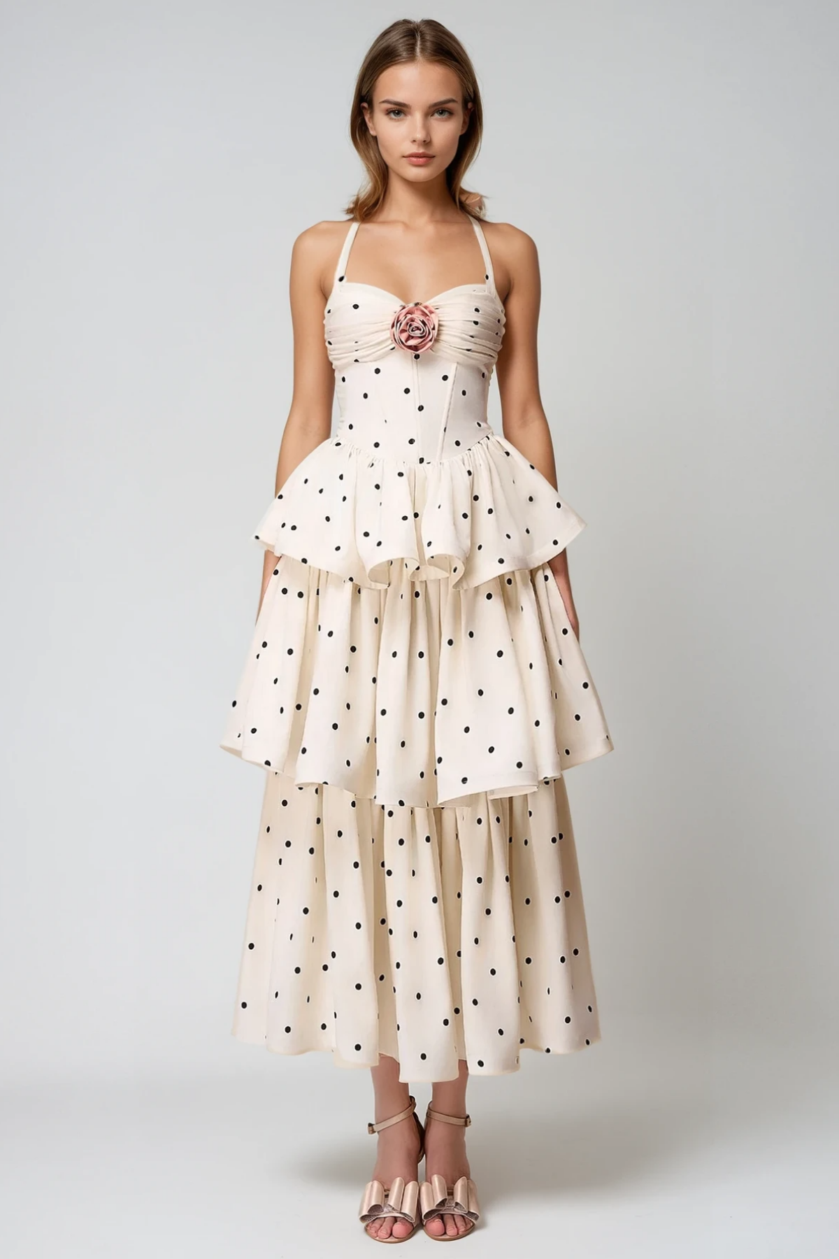 Felician Halter Neck Dot Tiered Maxi Dress
