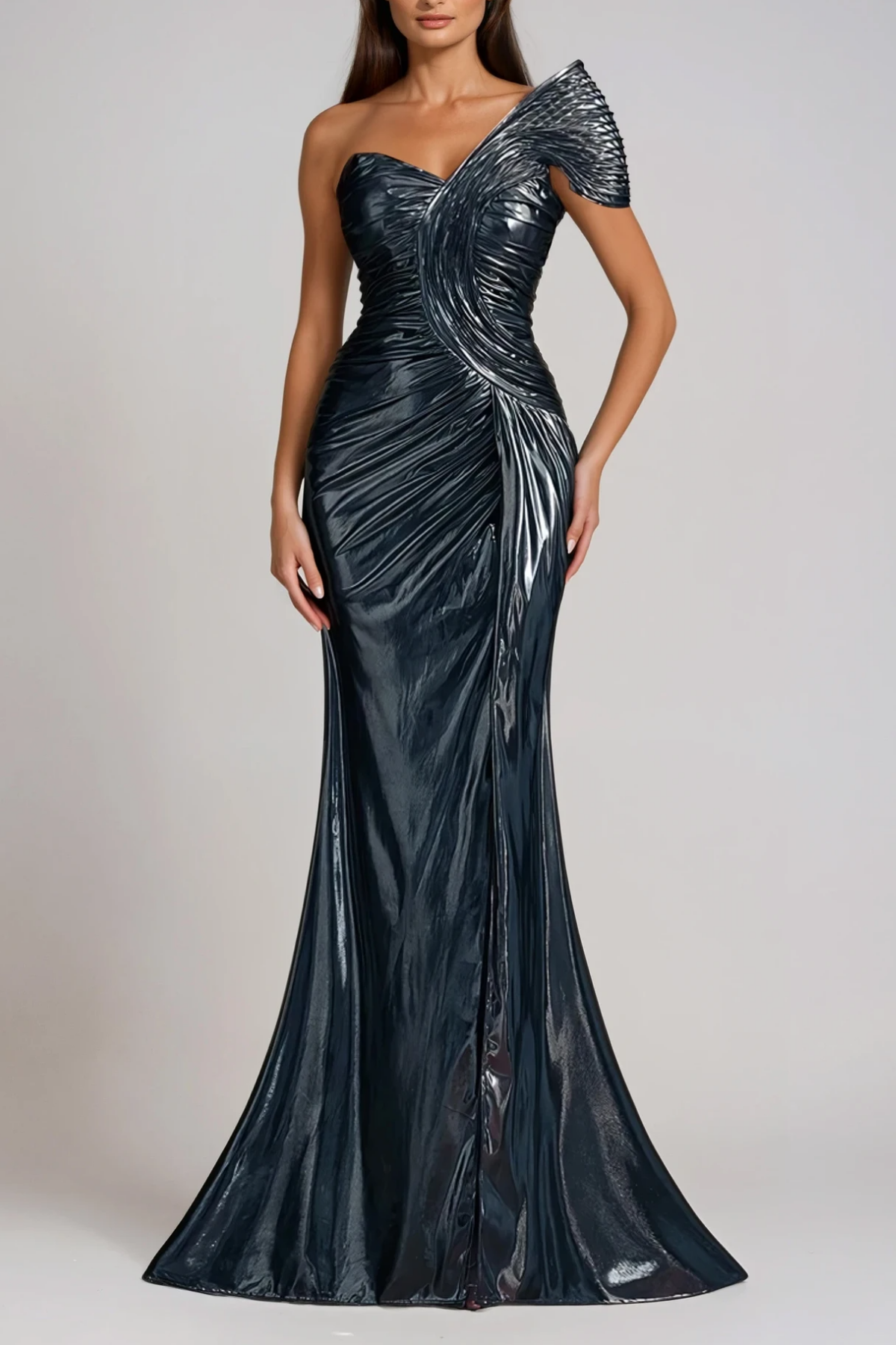 Felicie One Shoulder Split Metallic Maxi Dress