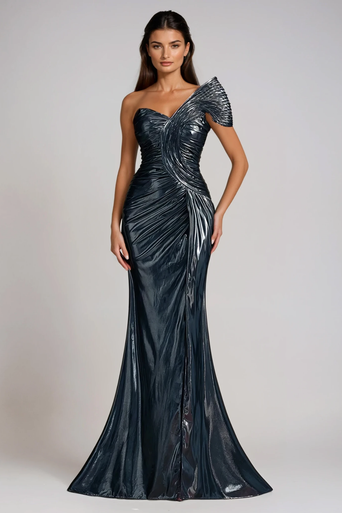 Felicie One Shoulder Split Metallic Maxi Dress