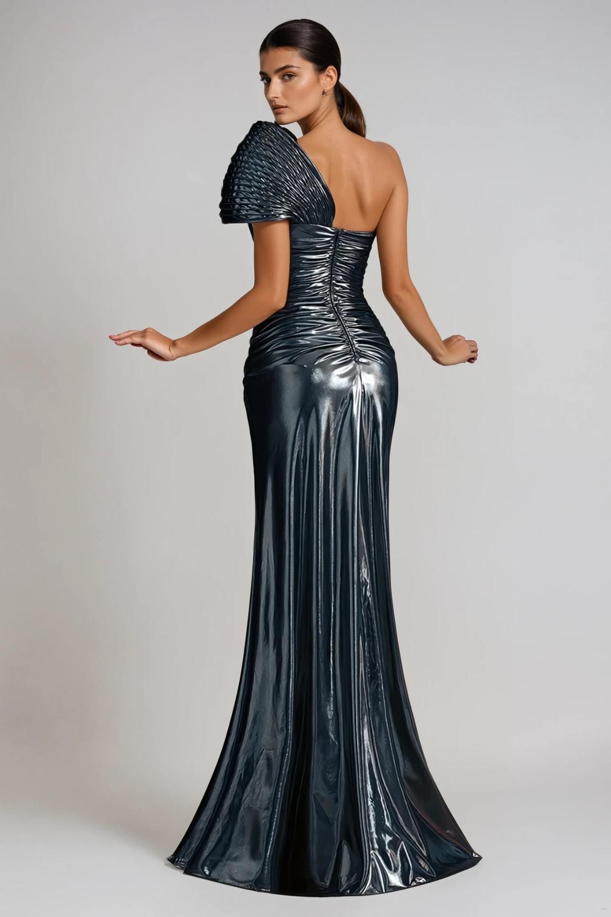 Felicie One Shoulder Split Metallic Maxi Dress