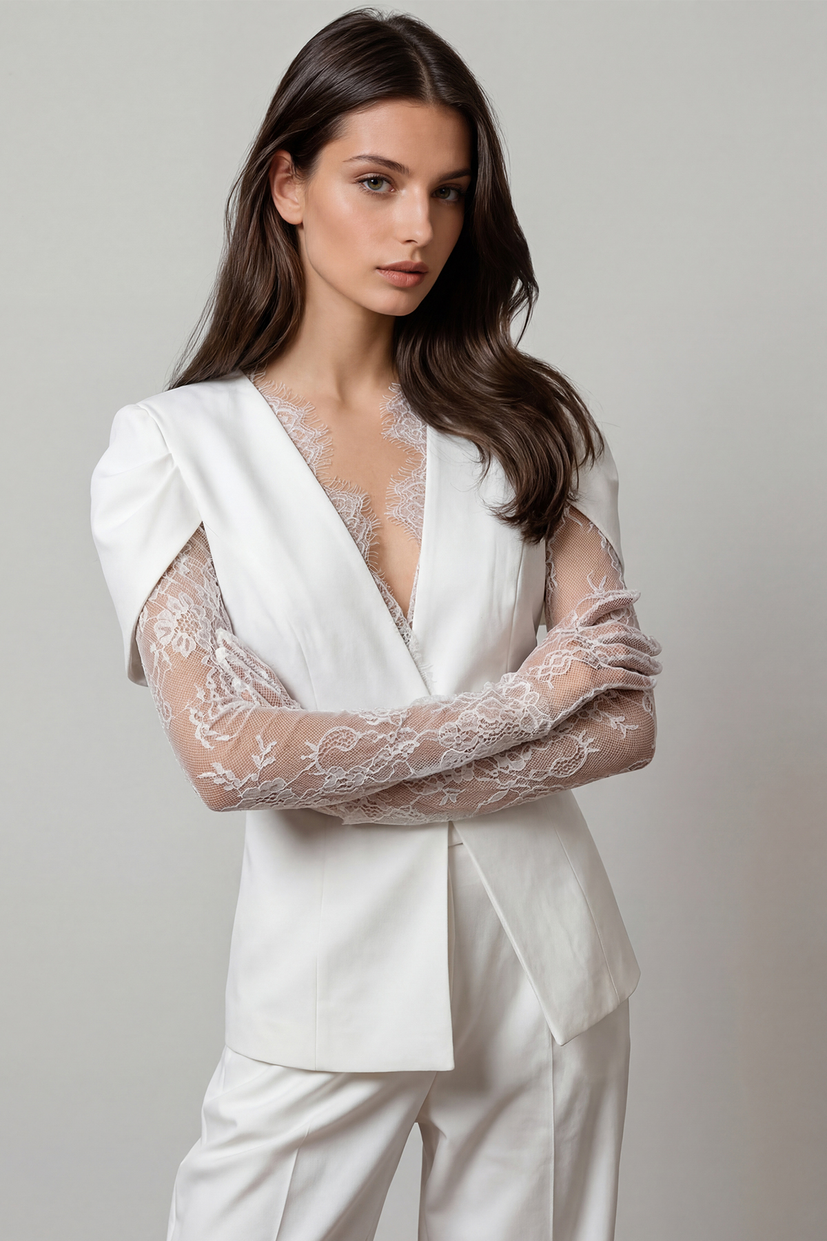 Felim Plunge Lace Blazer In White