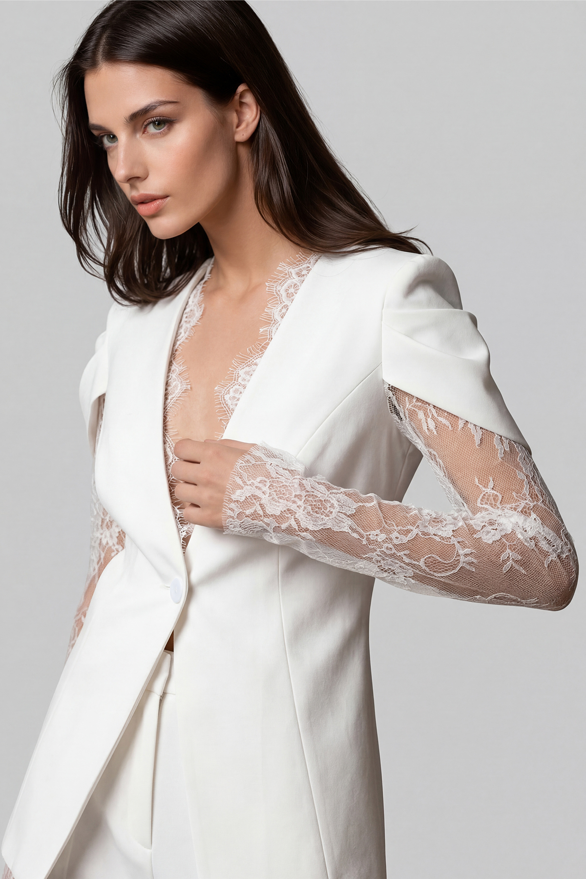 Felim Plunge Lace Blazer In White