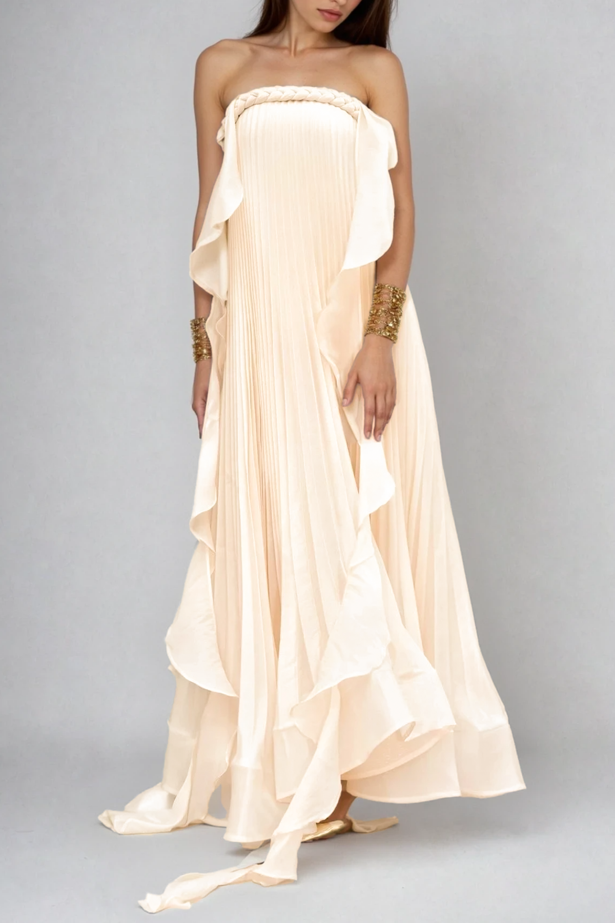 Felipinho Strapless Ruch Fringe Maxi Dress