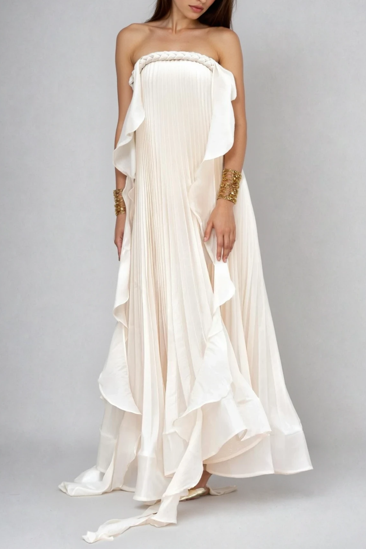 Felipinho Strapless Ruch Fringe Maxi Dress