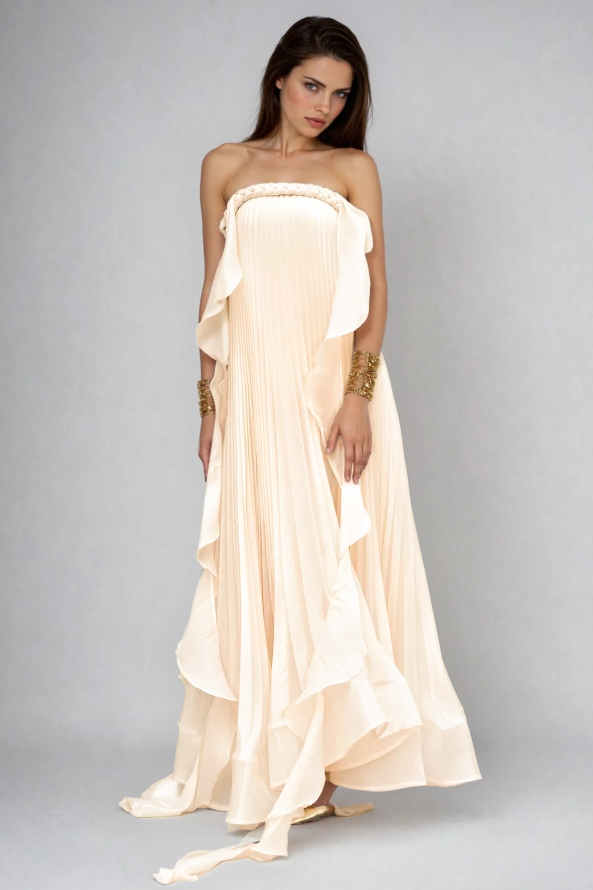 Felipinho Strapless Ruch Fringe Maxi Dress