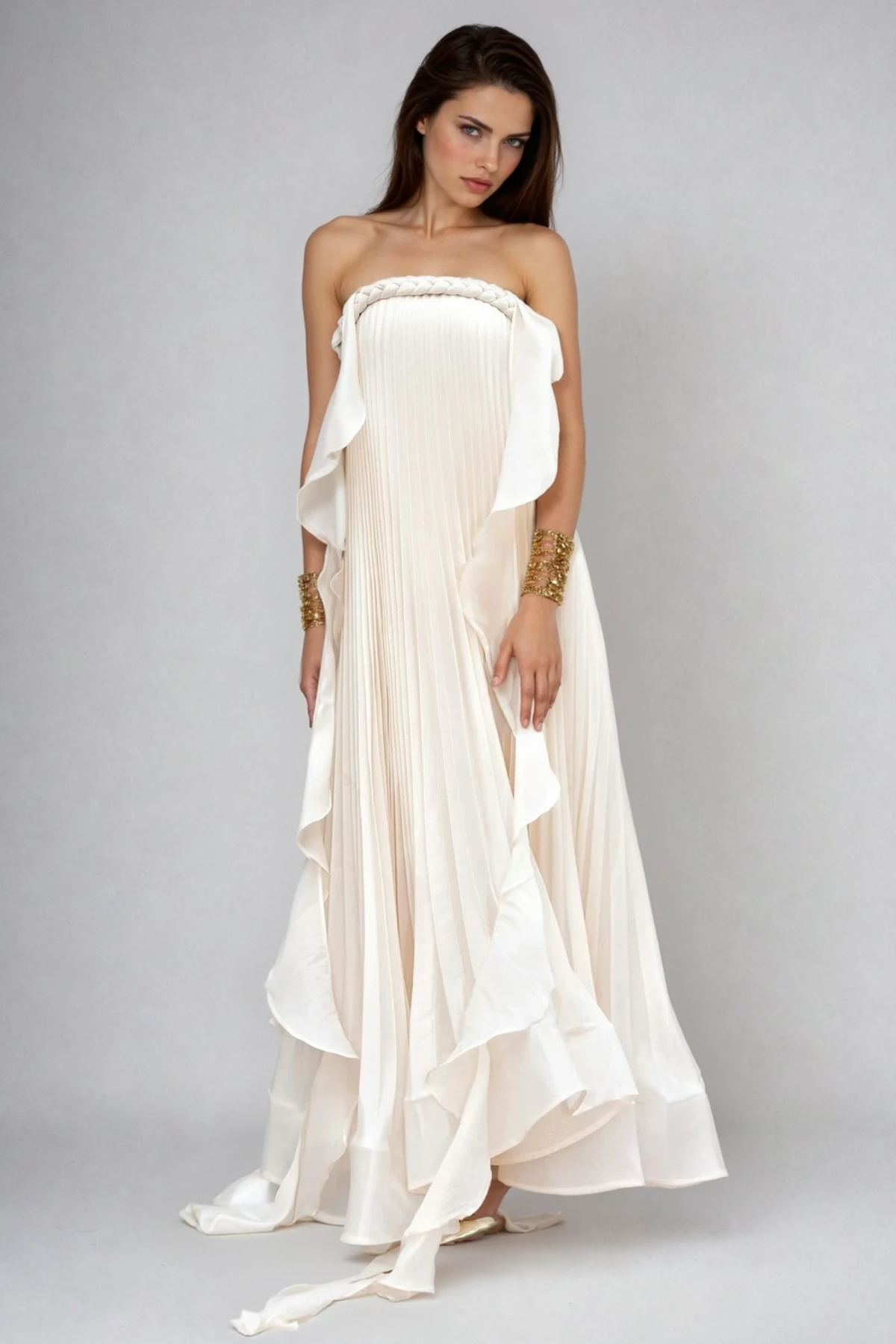 Felipinho Strapless Ruch Fringe Maxi Dress