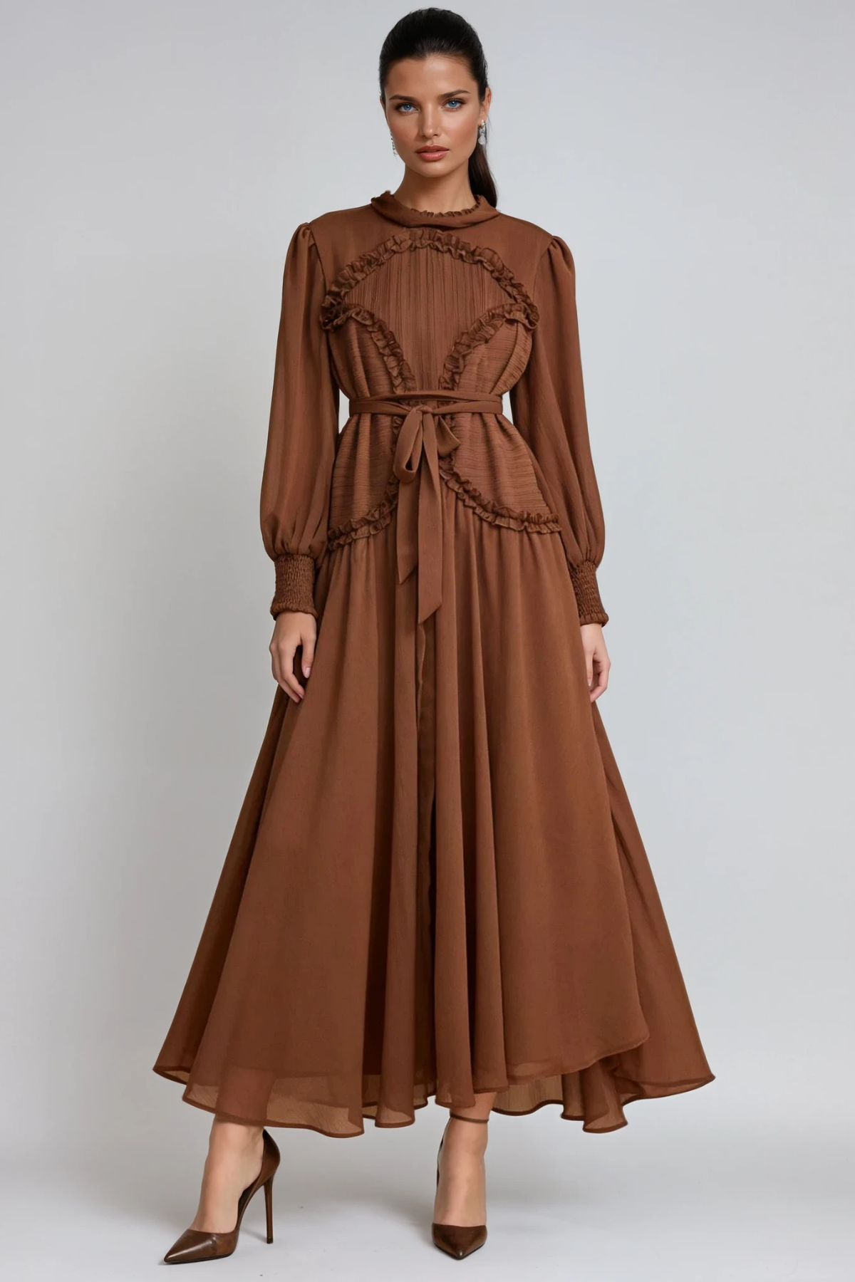 Femi Balloon Sleeve Ruffle Maxi Dress