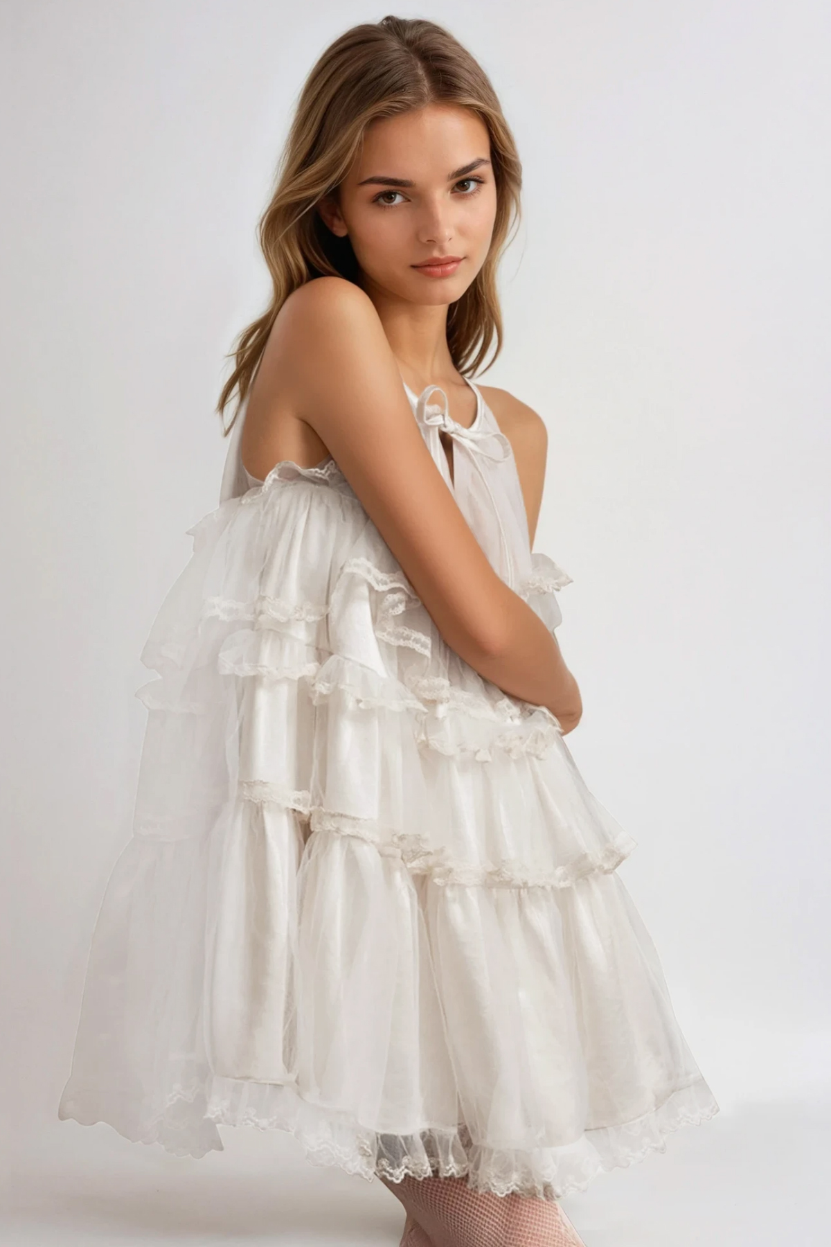 Femke Sleeveless Mesh Puffy Mini Dress In White