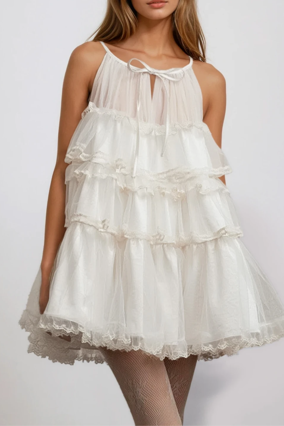 Femke Sleeveless Mesh Puffy Mini Dress In White