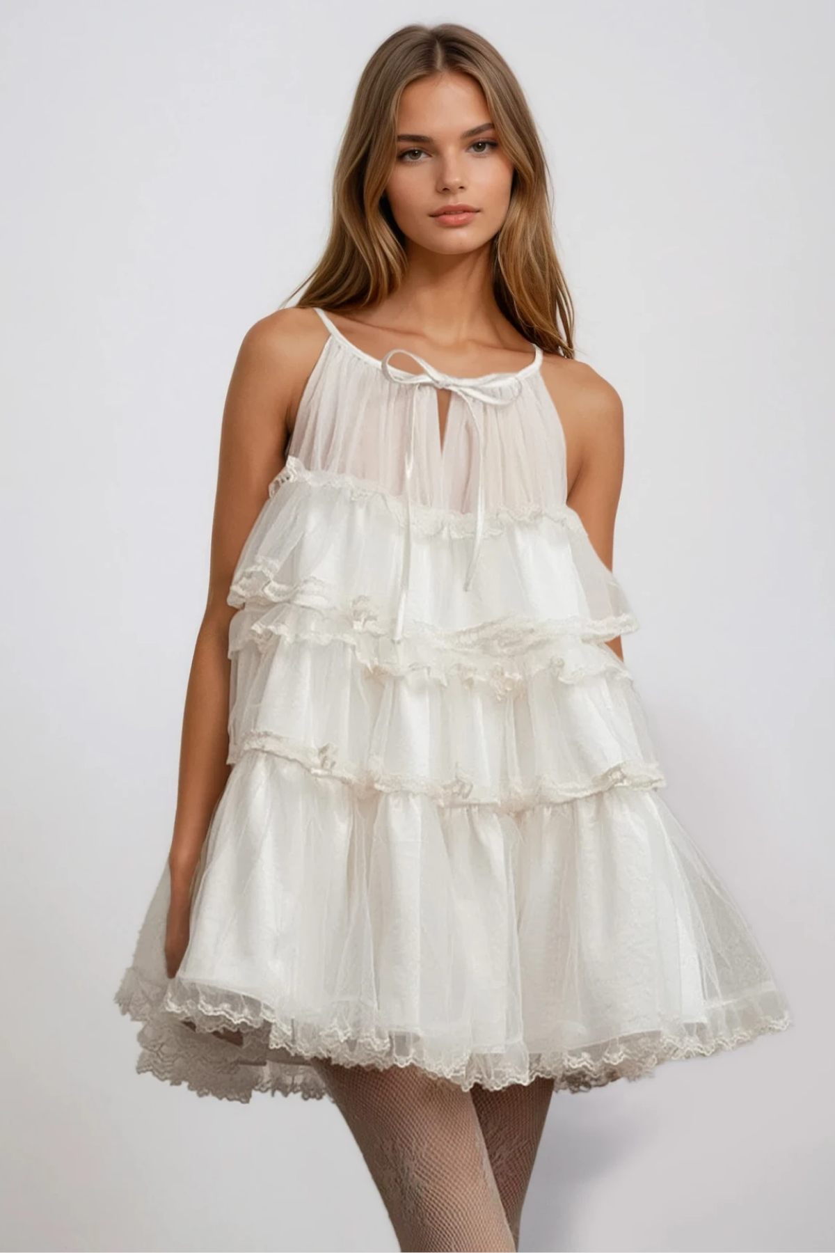 Femke Sleeveless Mesh Puffy Mini Dress In White