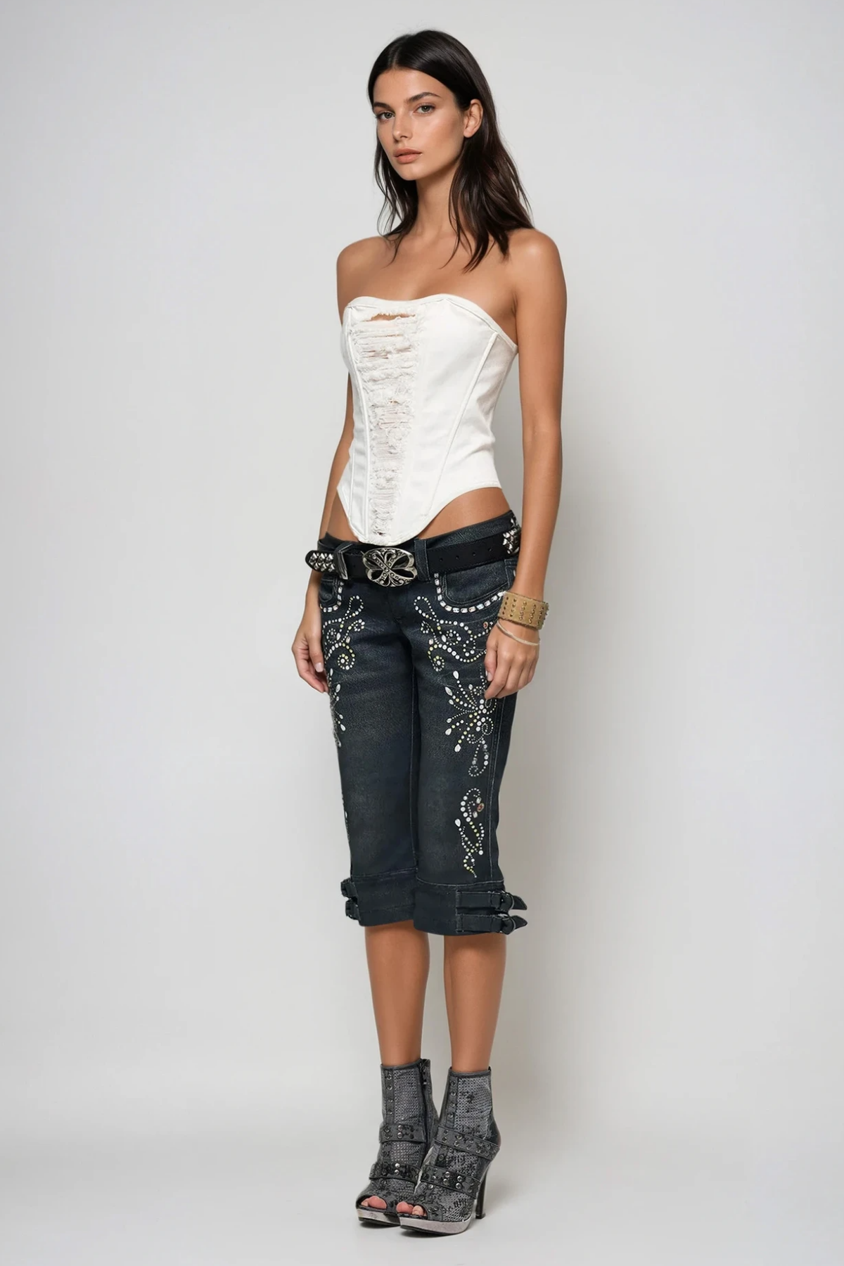 Fengying Print Buckle Capri Jeans