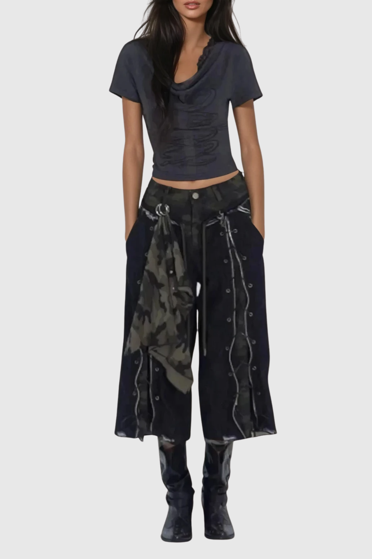 Ferdinanda Lace Up Camouflage Capri Jeans