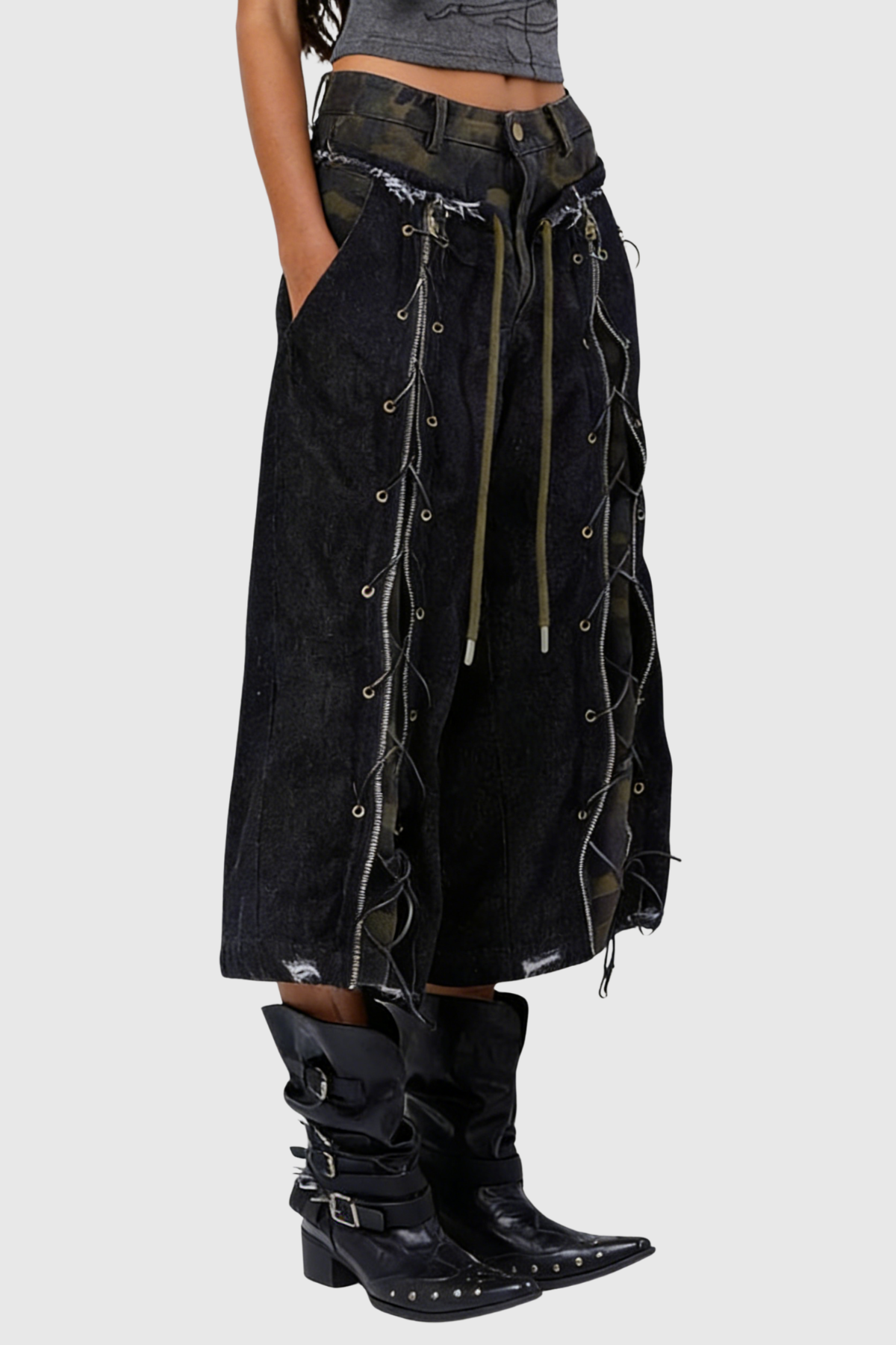 Ferdinanda Lace Up Camouflage Capri Jeans