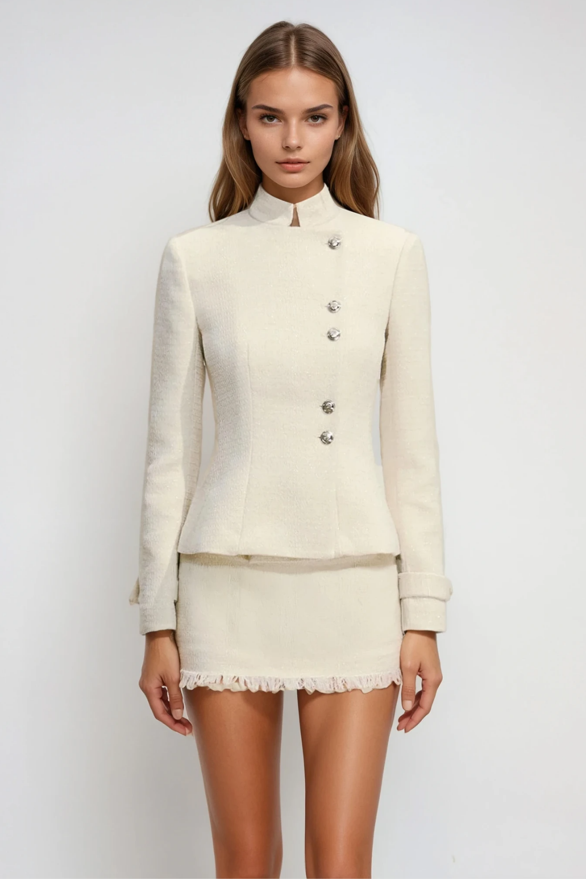 Ferdowsi Tweed Fringe Skirt Set In White