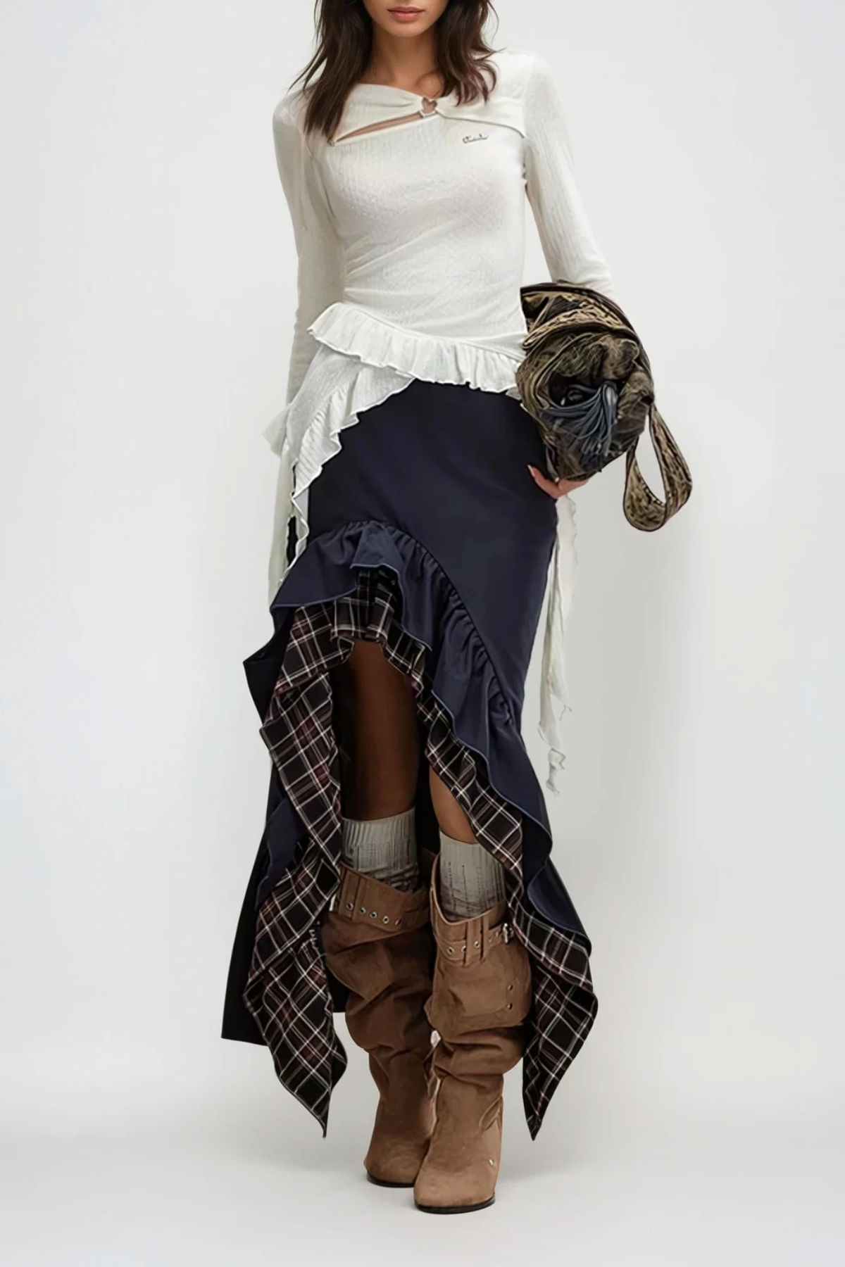 Fereydoon High Low Grid Ruffle Maxi Skirt