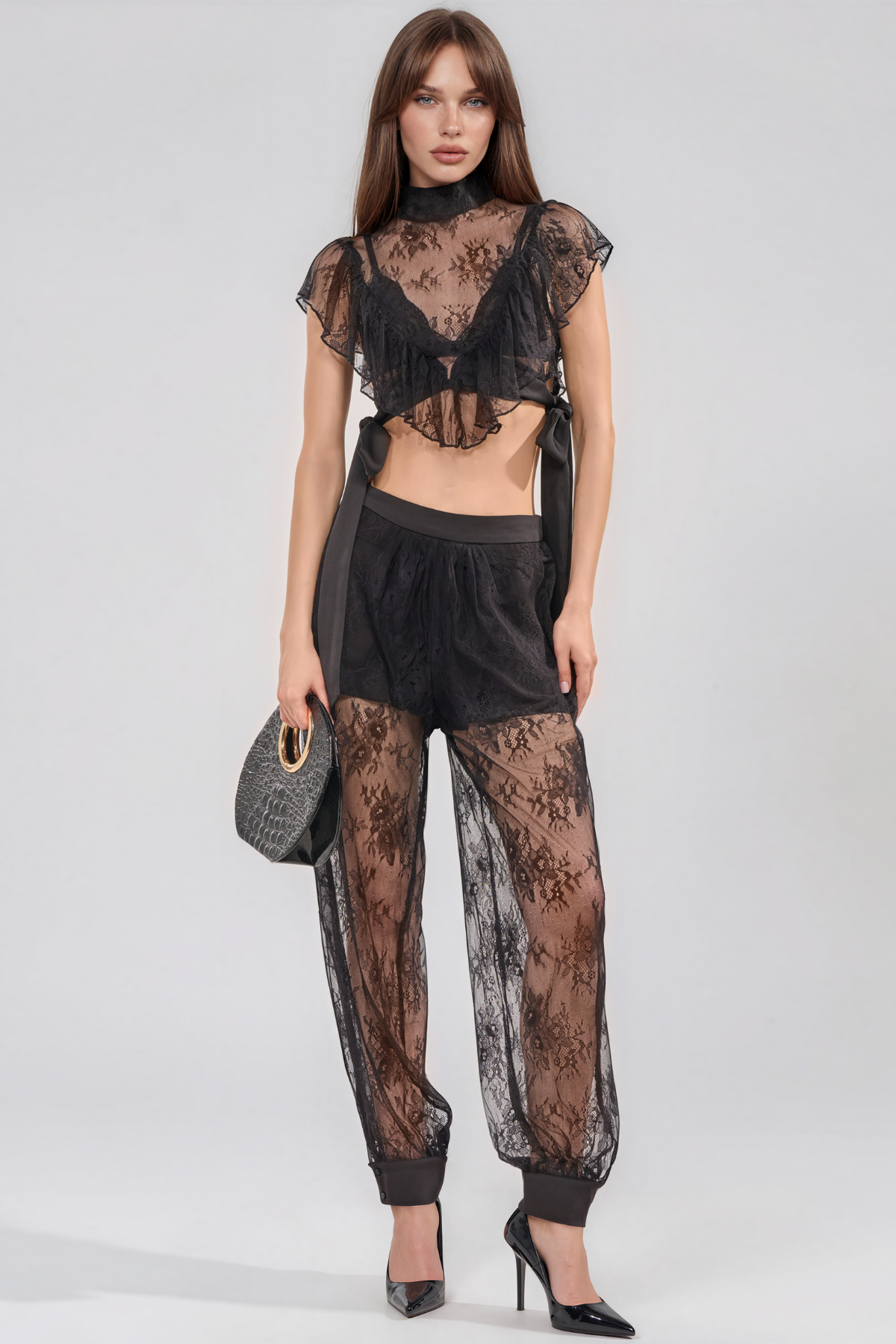 Fergal High Neck Lace Ruffle Pants Set