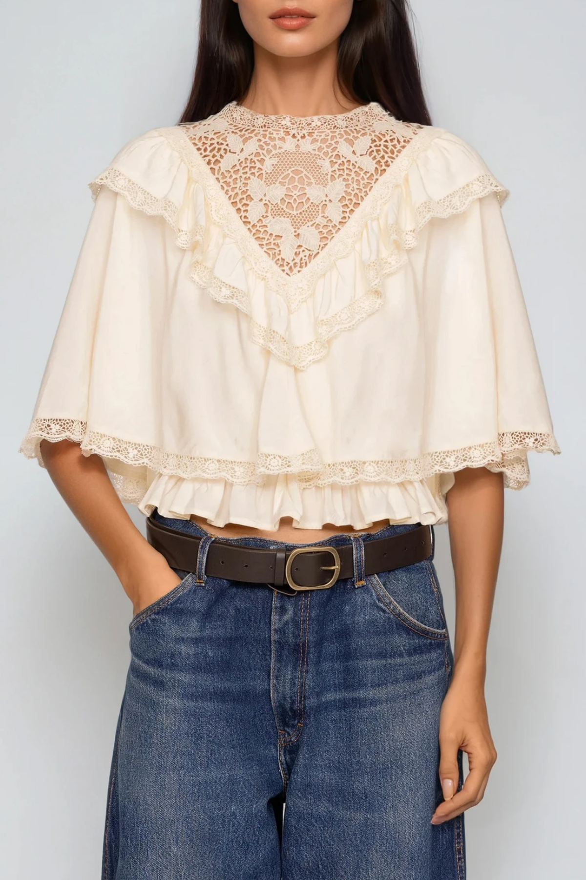 Fergal Lace Ruffle Shawl Top In Beige