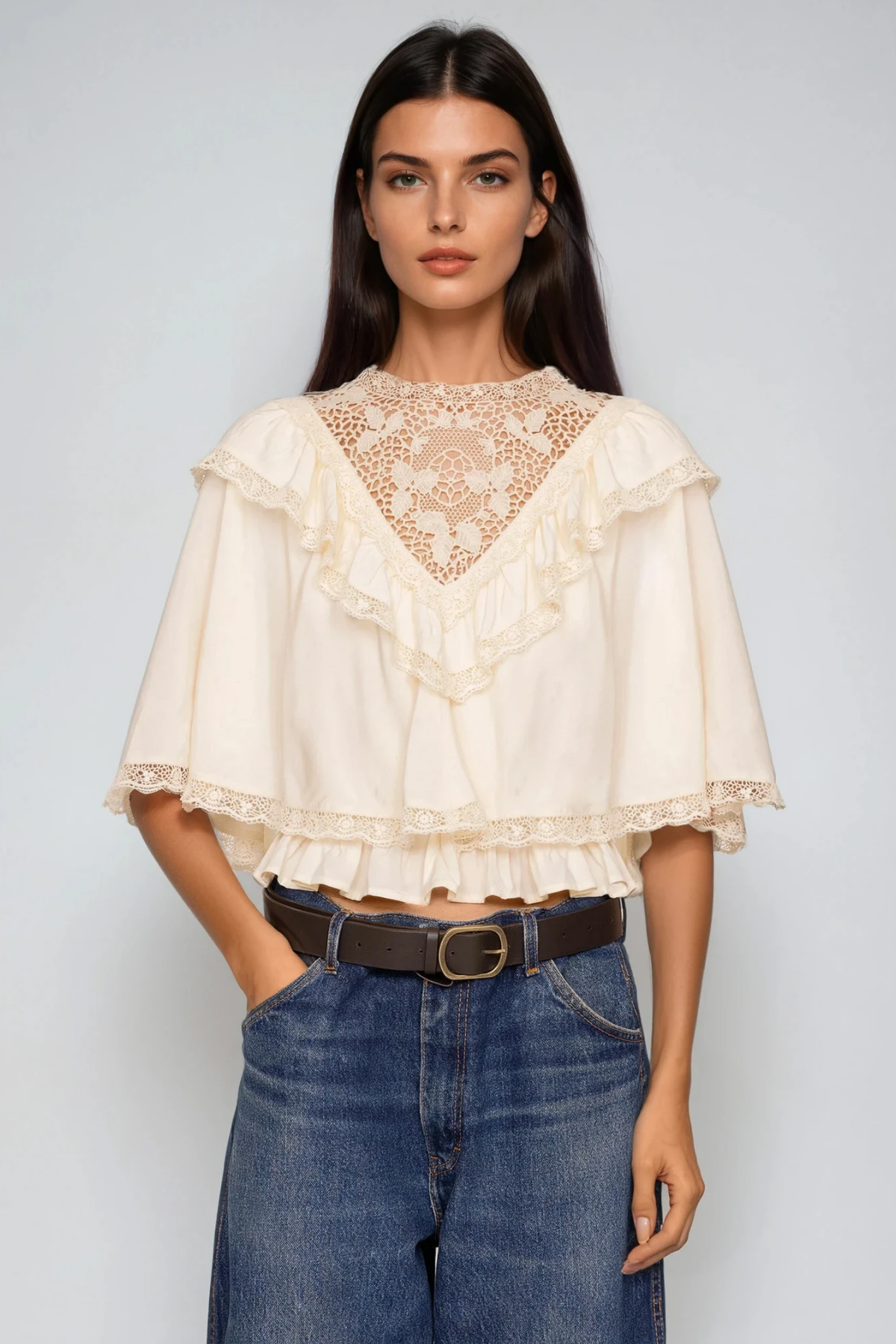 Fergal Lace Ruffle Shawl Top In Beige