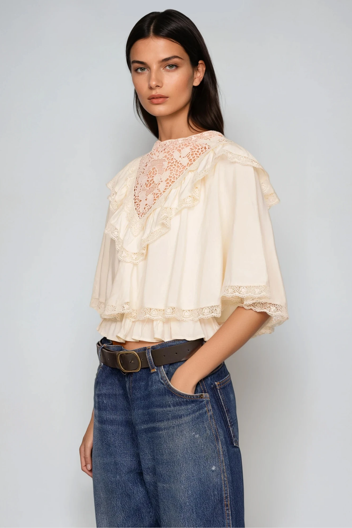 Fergal Lace Ruffle Shawl Top In Beige