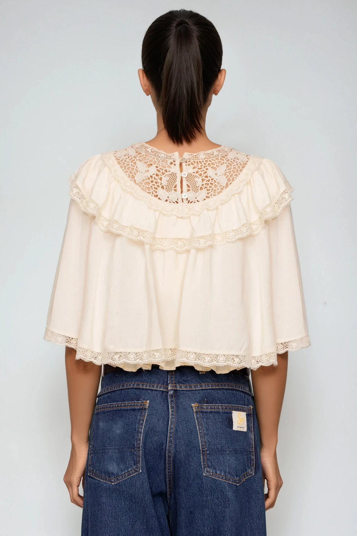 Fergal Lace Ruffle Shawl Top In Beige