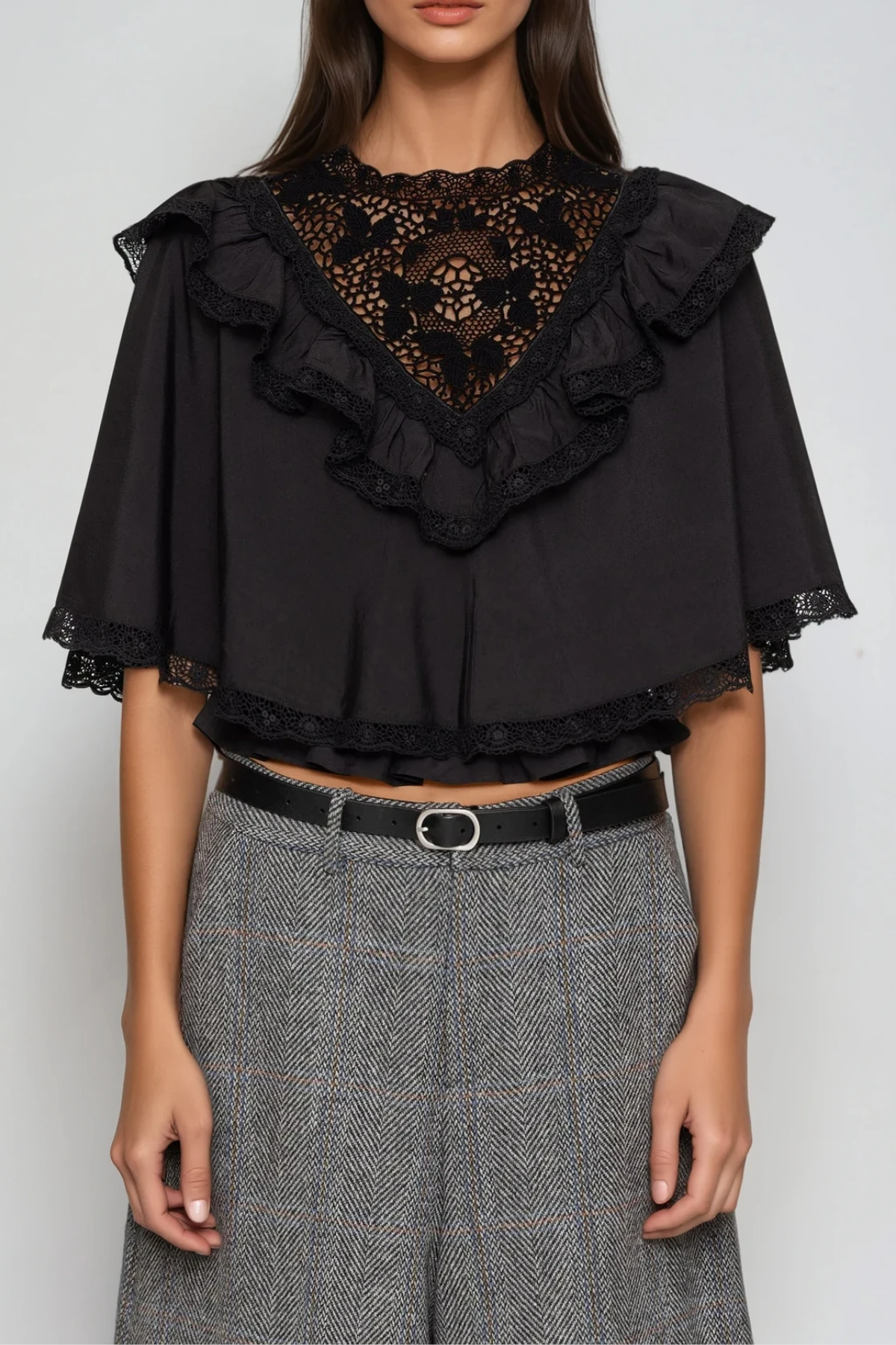 Fergal Lace Ruffle Shawl Top In Black