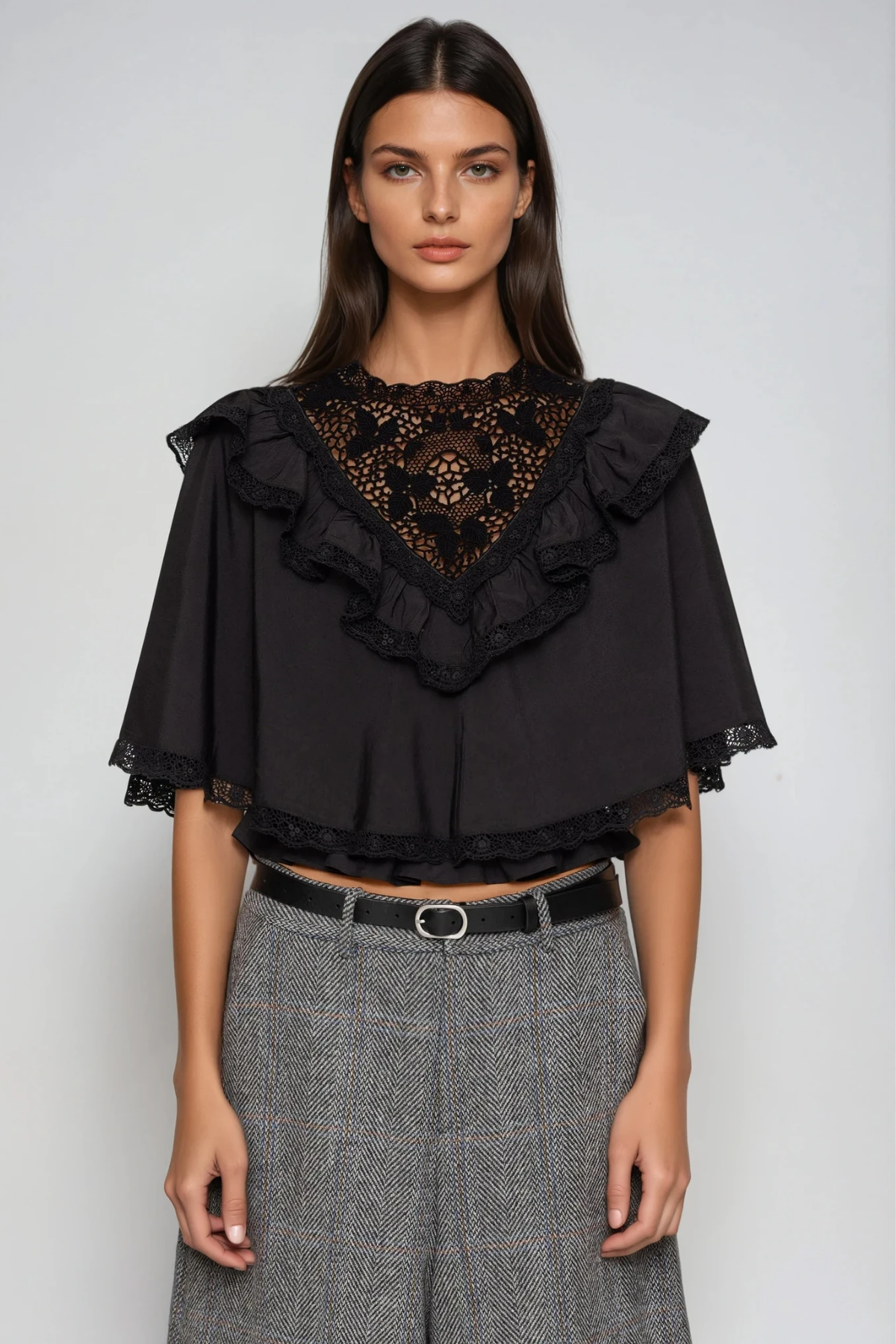Fergal Lace Ruffle Shawl Top In Black