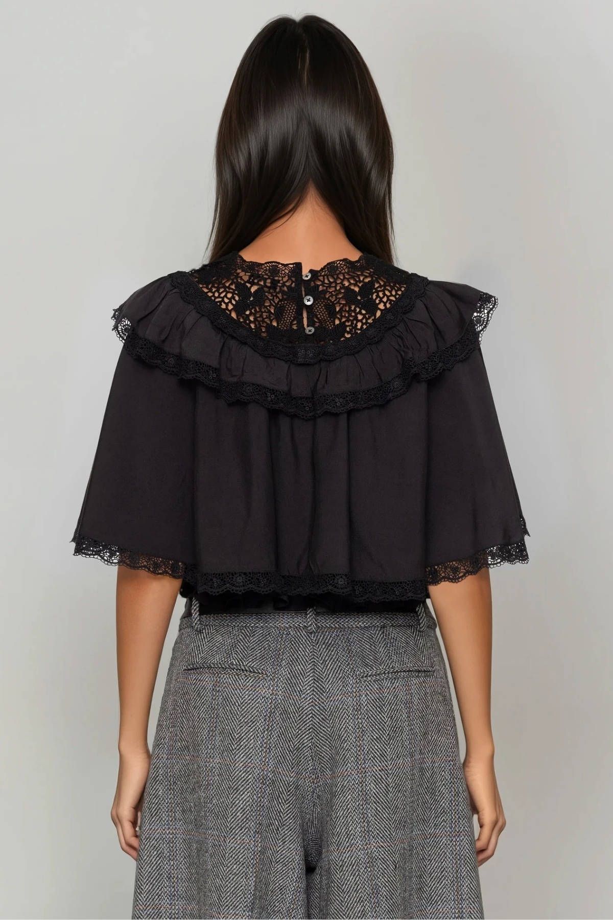 Fergal Lace Ruffle Shawl Top In Black
